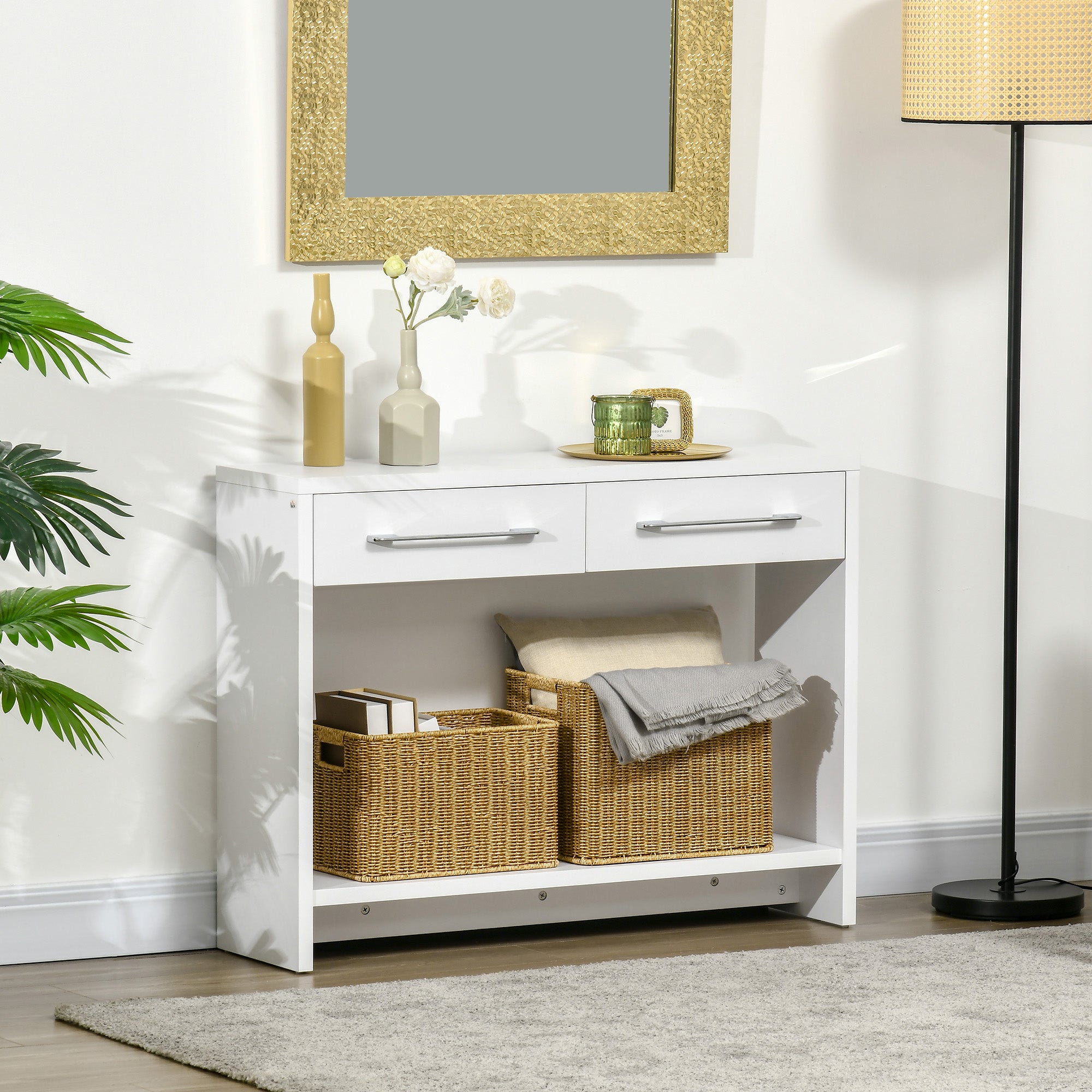 Console Table Entry Table with 2 Drawers and Storage Shelf Hallway Console Table for Living Room Modern Style Anti-Tip 50 kg Capacity 101.6x28x76.2 cm White
