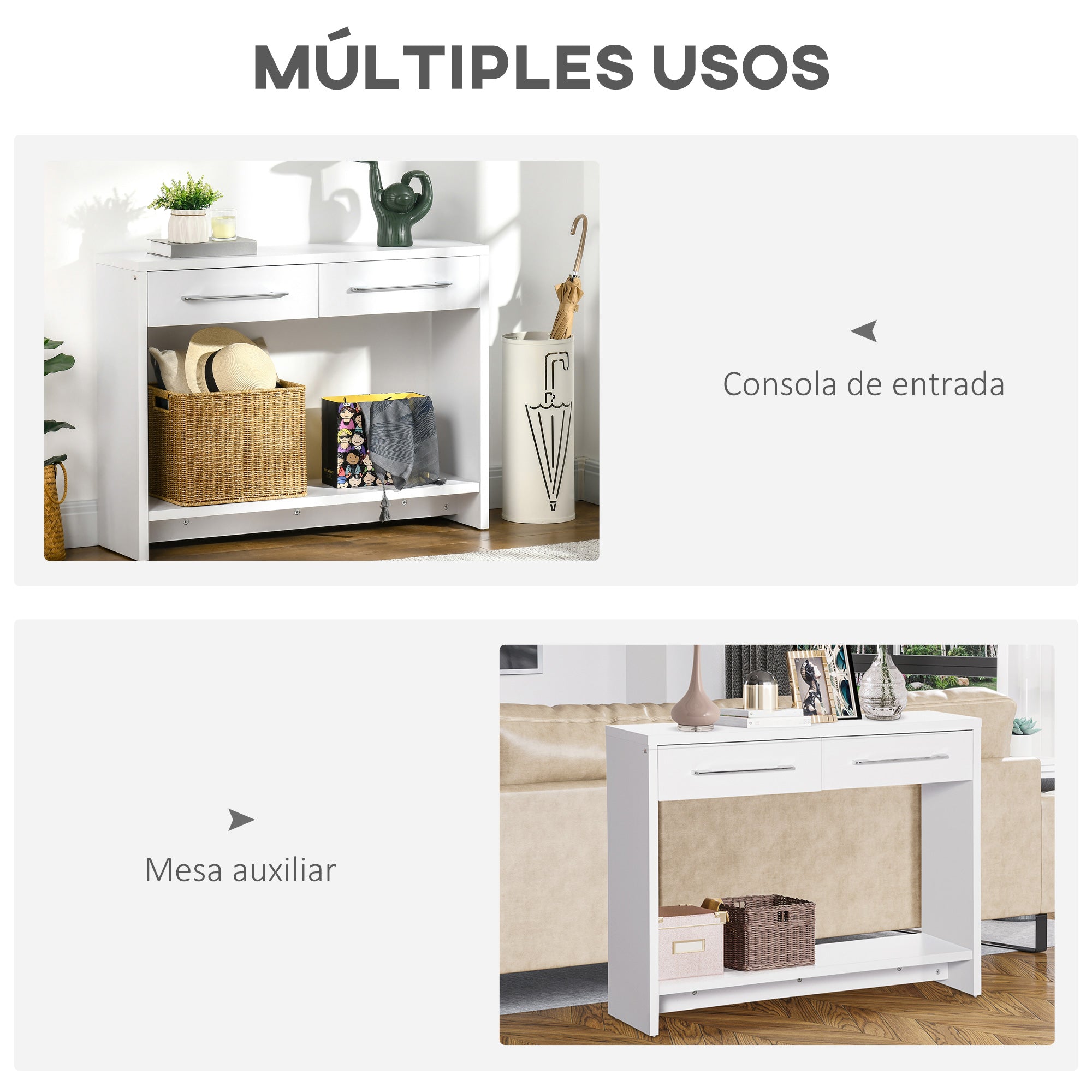 Console Table Entry Table with 2 Drawers and Storage Shelf Hallway Console Table for Living Room Modern Style Anti-Tip 50 kg Capacity 101.6x28x76.2 cm White