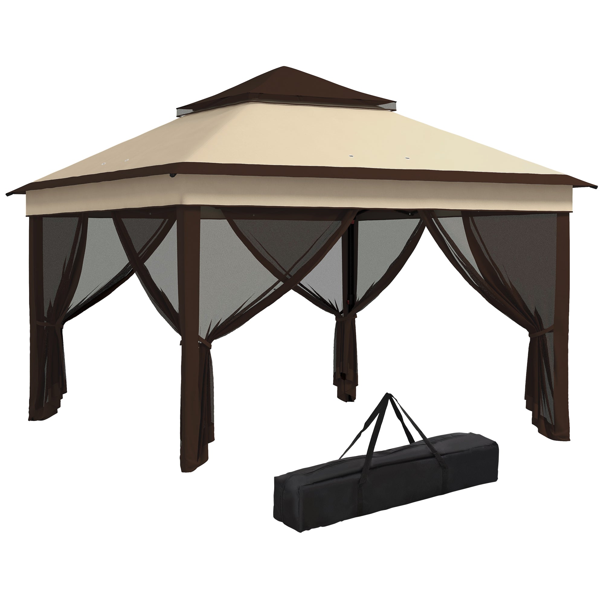 Foldable Gazebo 3x3x2.7m Garden Canopy with Adjustable Double Roof Height Mosquito Netting UV30+ Protection Waterproof and Carry Bag Outdoor Gazebo for Parties Camping Beige and Coffee