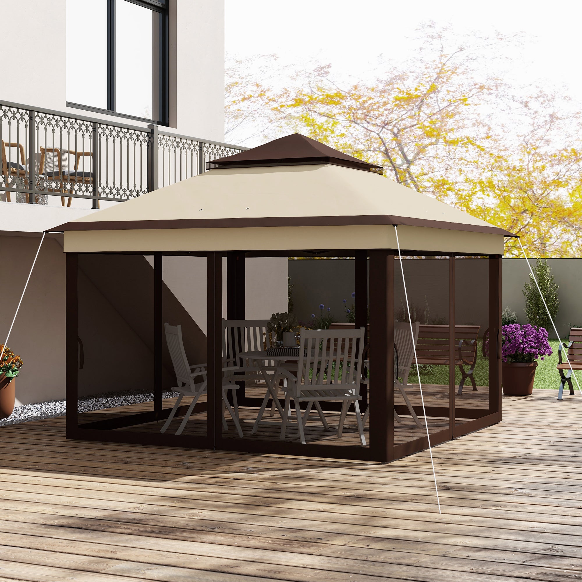 Foldable Gazebo 3x3x2.7m Garden Canopy with Adjustable Double Roof Height Mosquito Netting UV30+ Protection Waterproof and Carry Bag Outdoor Gazebo for Parties Camping Beige and Coffee