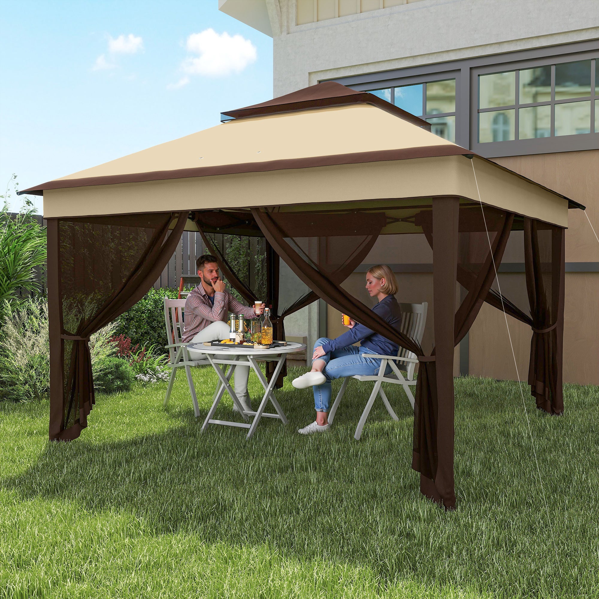 Foldable Gazebo 3x3x2.7m Garden Canopy with Adjustable Double Roof Height Mosquito Netting UV30+ Protection Waterproof and Carry Bag Outdoor Gazebo for Parties Camping Beige and Coffee