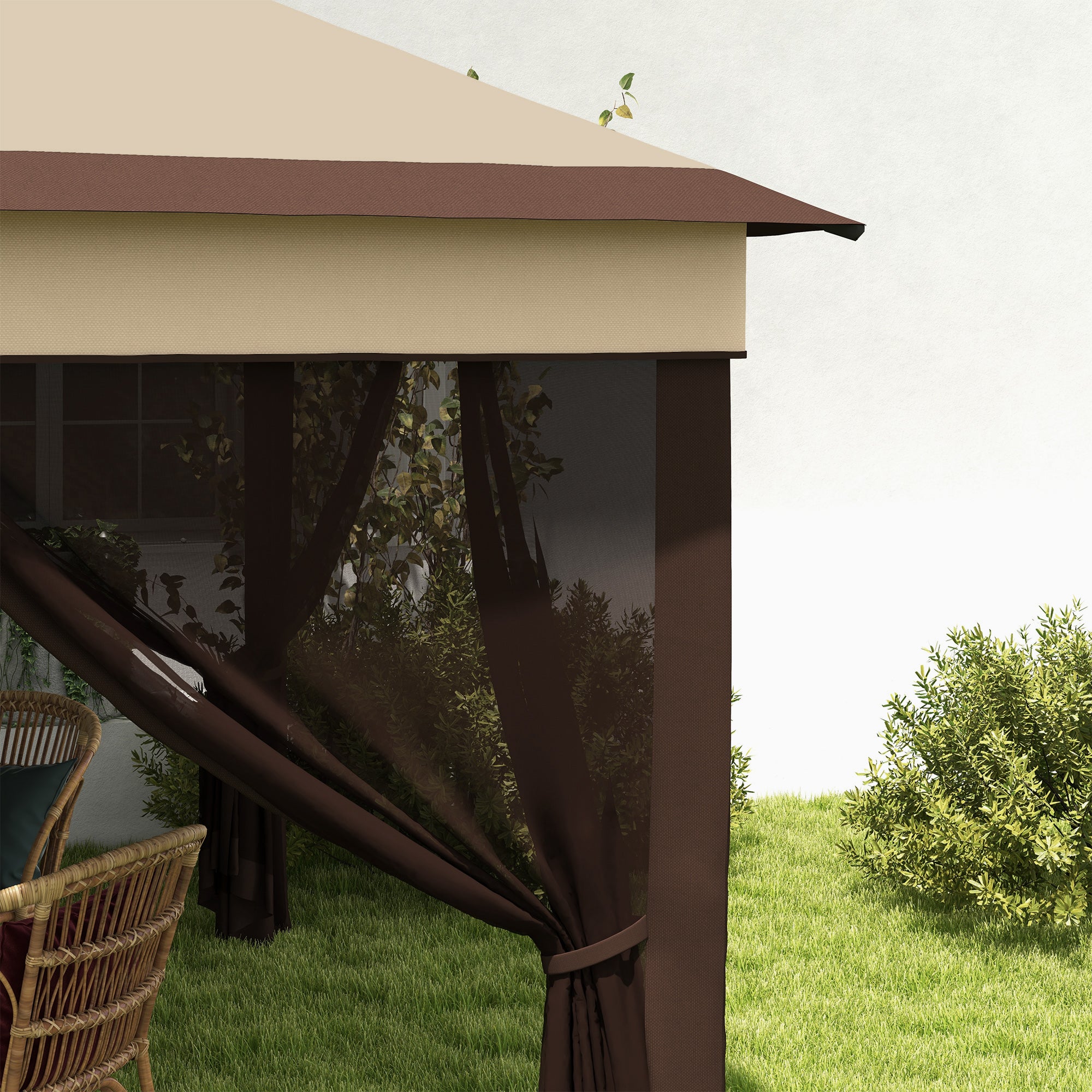 Foldable Gazebo 3x3x2.7m Garden Canopy with Adjustable Double Roof Height Mosquito Netting UV30+ Protection Waterproof and Carry Bag Outdoor Gazebo for Parties Camping Beige and Coffee