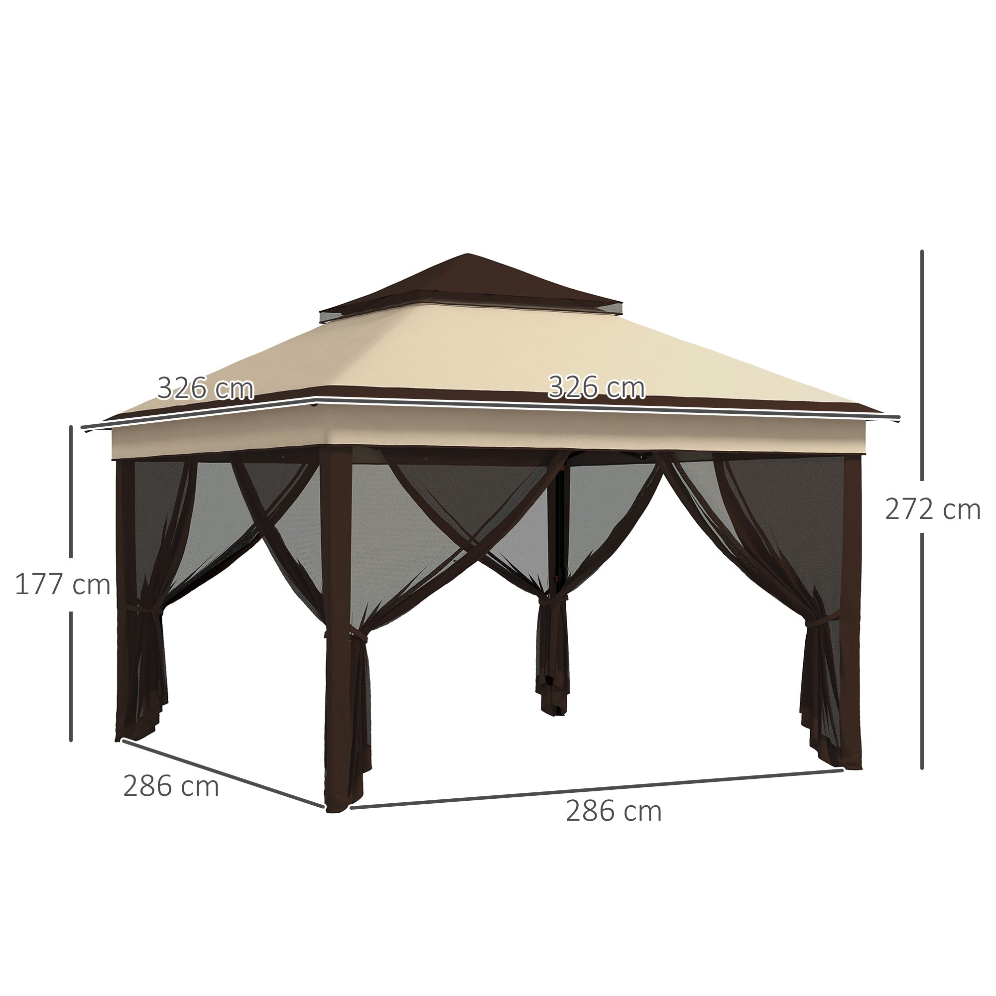 Foldable Gazebo 3x3x2.7m Garden Canopy with Adjustable Double Roof Height Mosquito Netting UV30+ Protection Waterproof and Carry Bag Outdoor Gazebo for Parties Camping Beige and Coffee