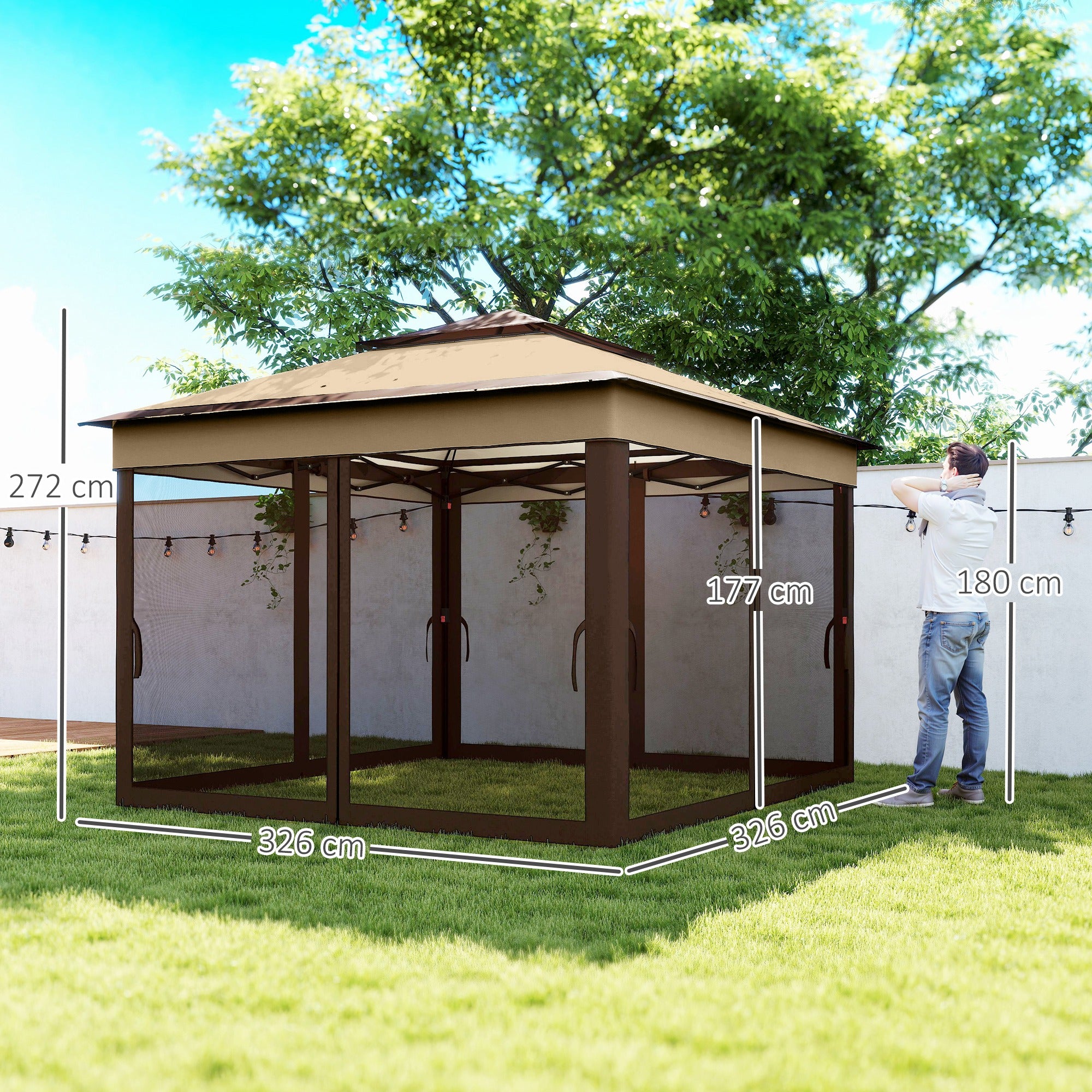 Foldable Gazebo 3x3x2.7m Garden Canopy with Adjustable Double Roof Height Mosquito Netting UV30+ Protection Waterproof and Carry Bag Outdoor Gazebo for Parties Camping Beige and Coffee