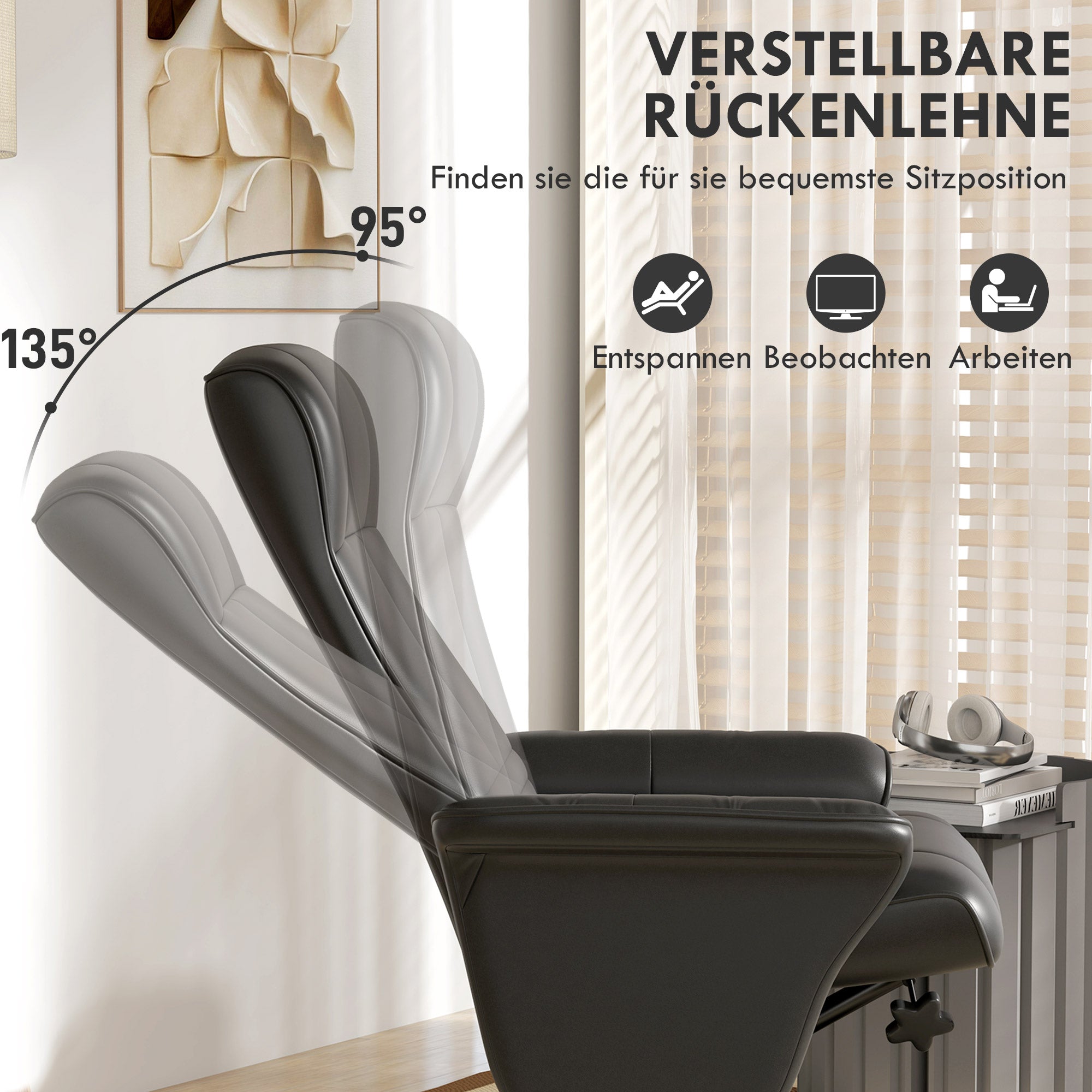 Recliner Chair with Footrest, 360° Swivel TV Reclining Chair with Upholstered Microfiber Look for Living Room, Black