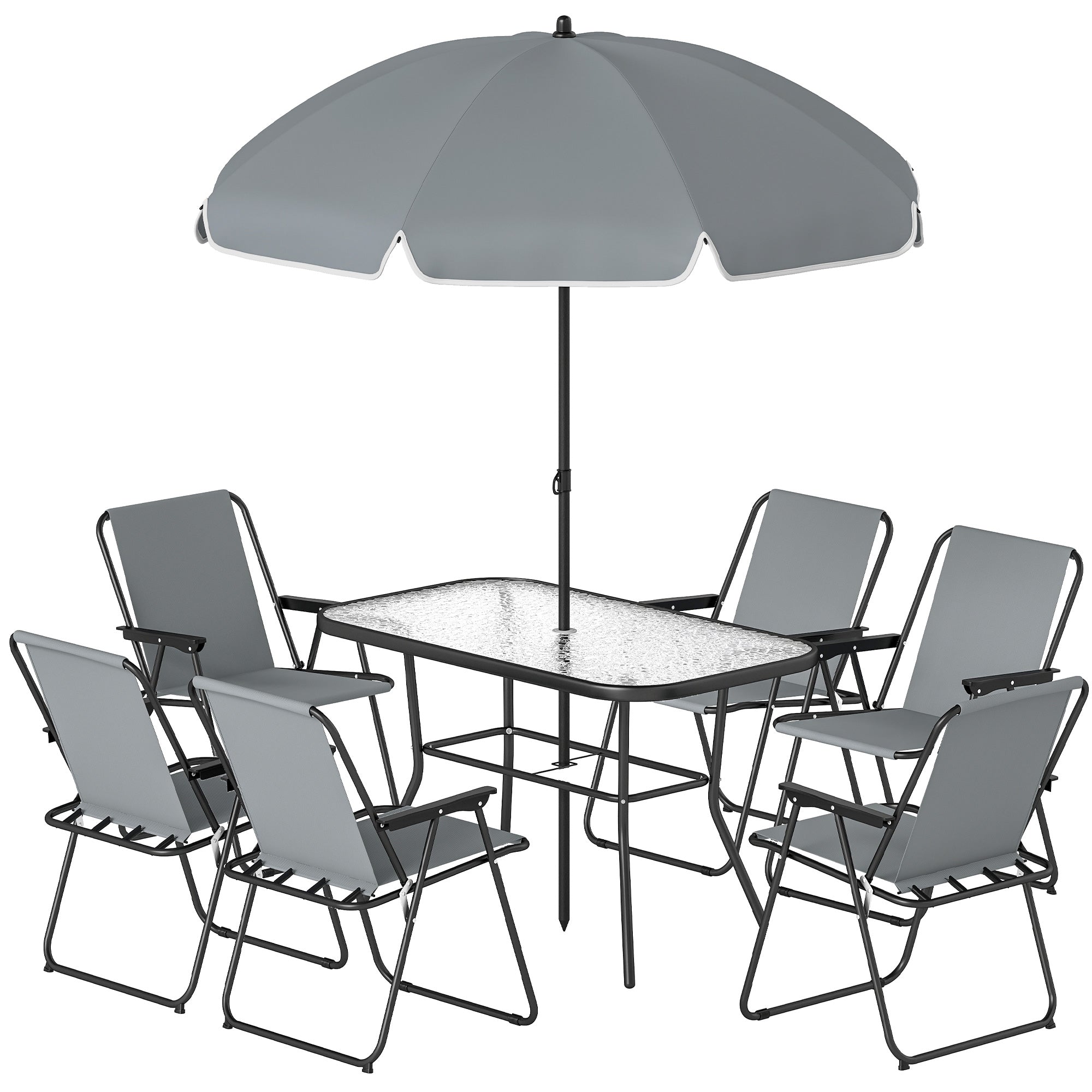 8-Piece Outdoor Patio Set — Table with Tempered Glass Top, 6 Folding Chairs & Parasol, Rust-Resistant Steel Frame, Grey