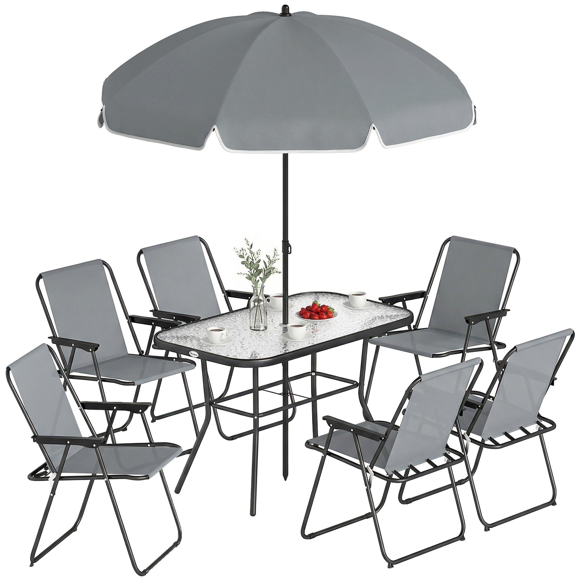 8-Piece Outdoor Patio Set — Table with Tempered Glass Top, 6 Folding Chairs & Parasol, Rust-Resistant Steel Frame, Grey