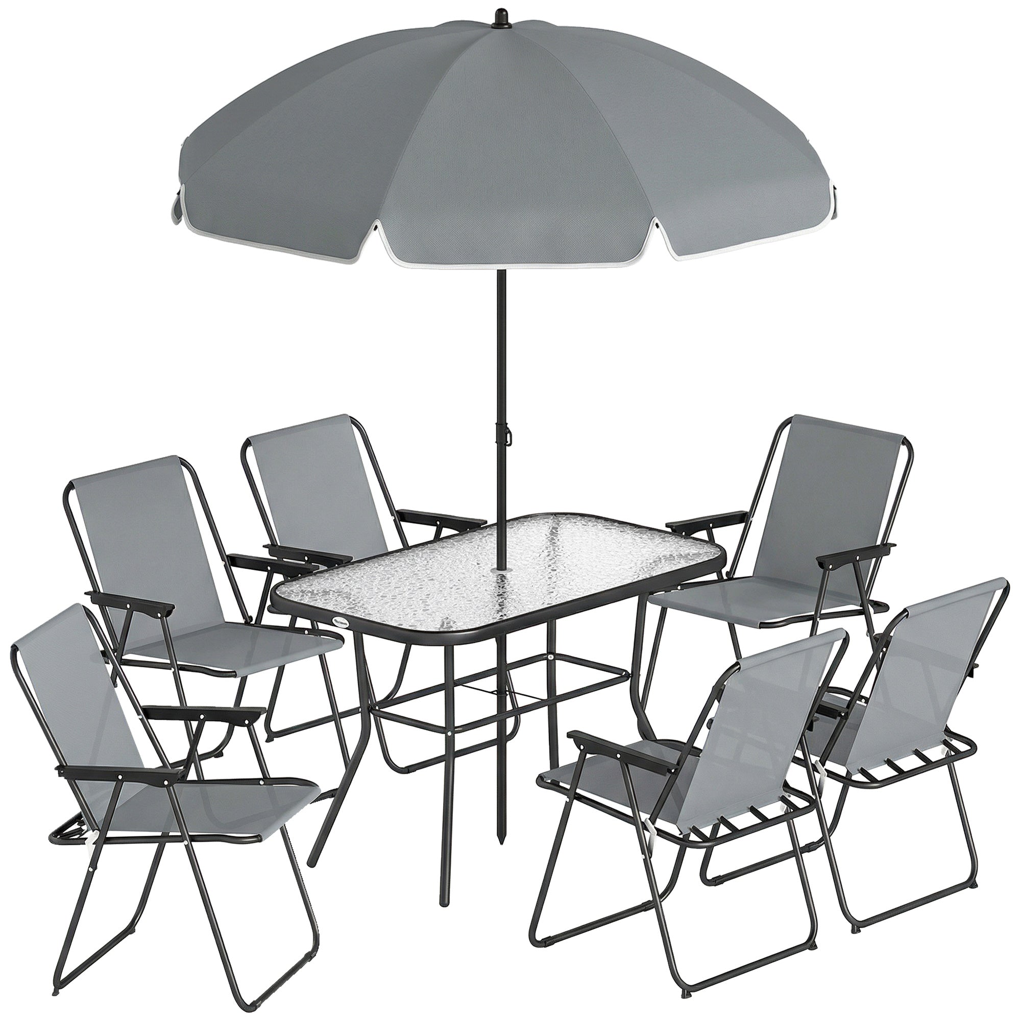 8-Piece Outdoor Patio Set — Table with Tempered Glass Top, 6 Folding Chairs & Parasol, Rust-Resistant Steel Frame, Grey