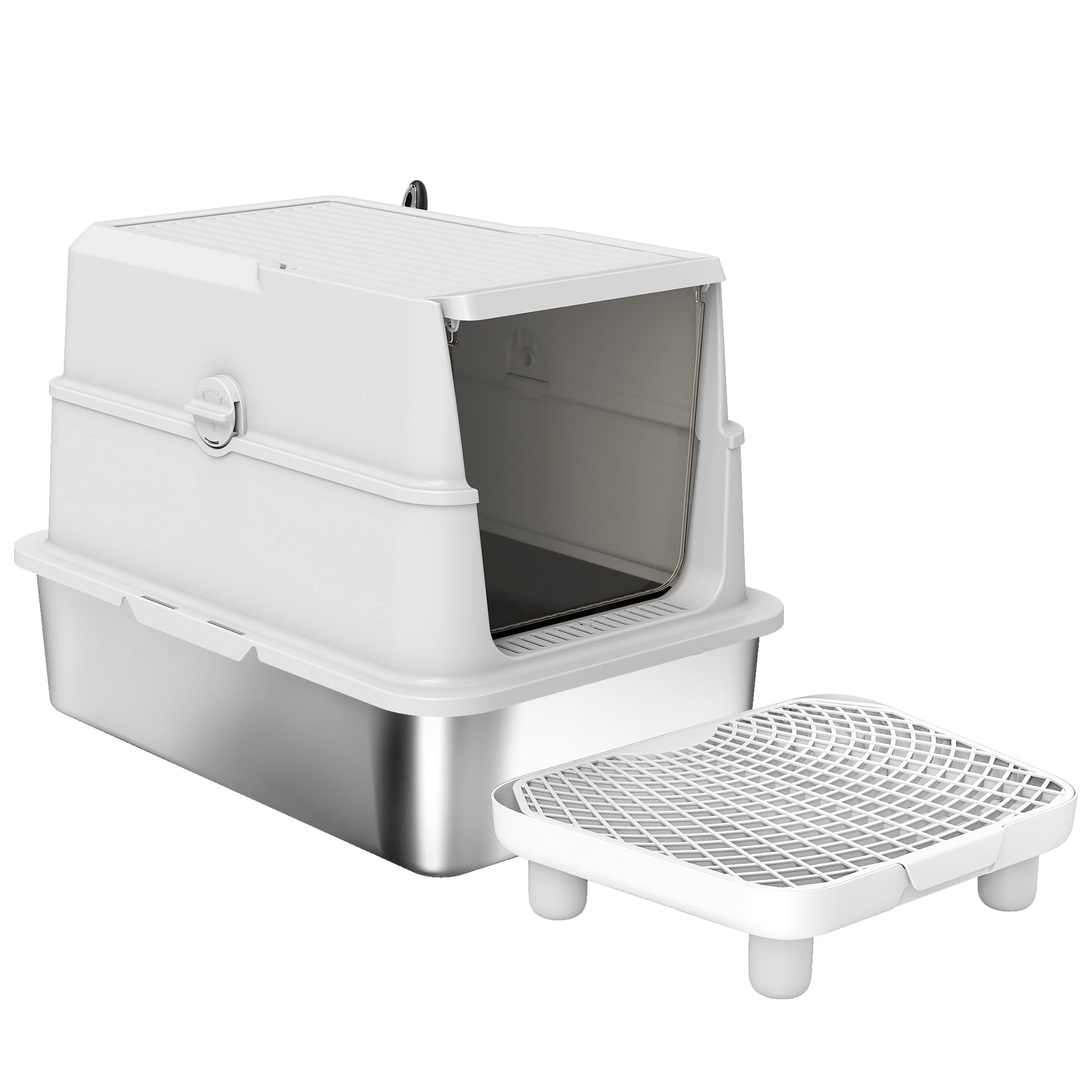 XL Stainless Steel Covered Cat Litter Box with Scoop & Deodorizer — Light Gray