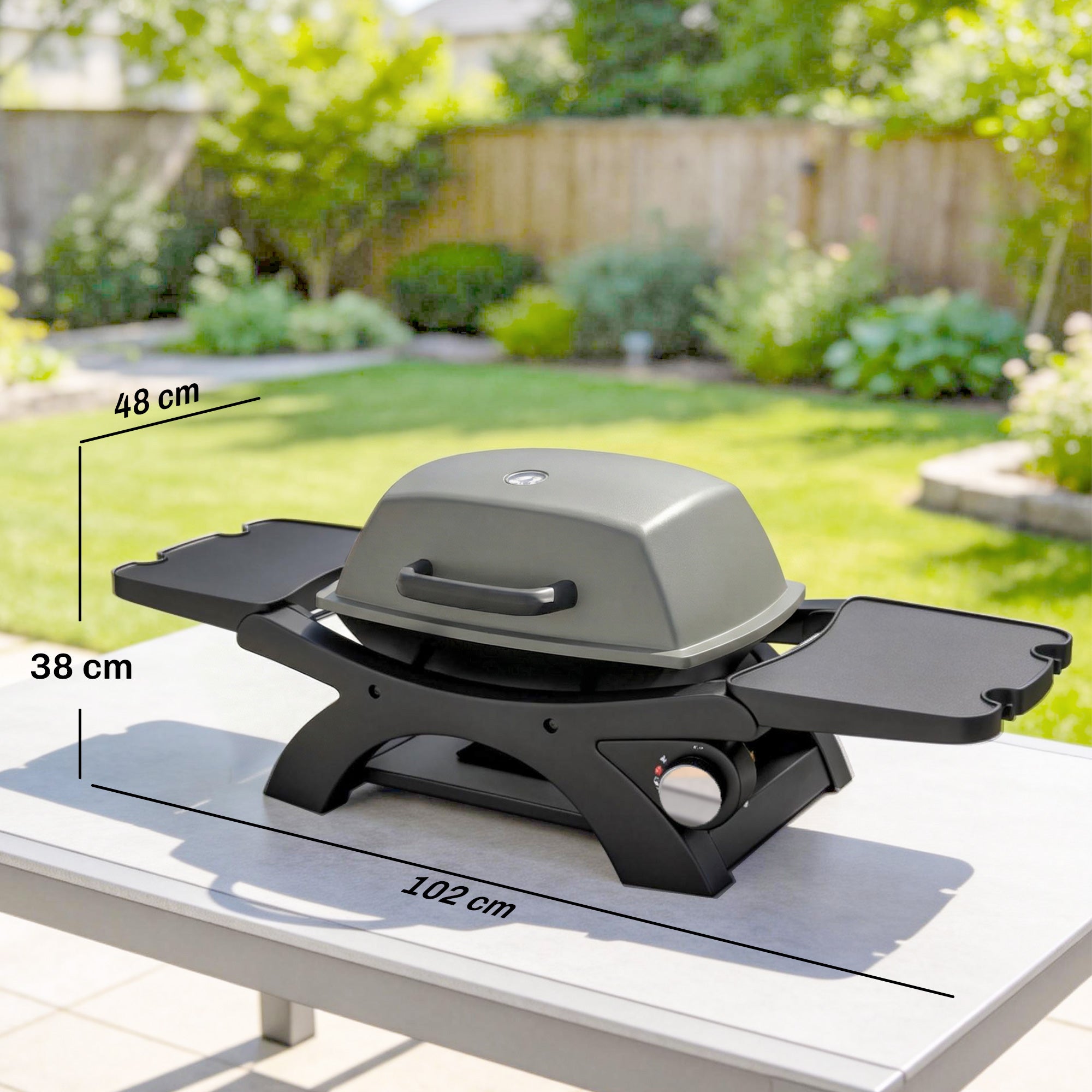 3.3 kW Portable Tabletop Gas Grill — 1 Burner, Foldable Side Shelves, Cast-Iron Grates, Removable Drip Tray & Thermometer — Patio & Balcony BBQ