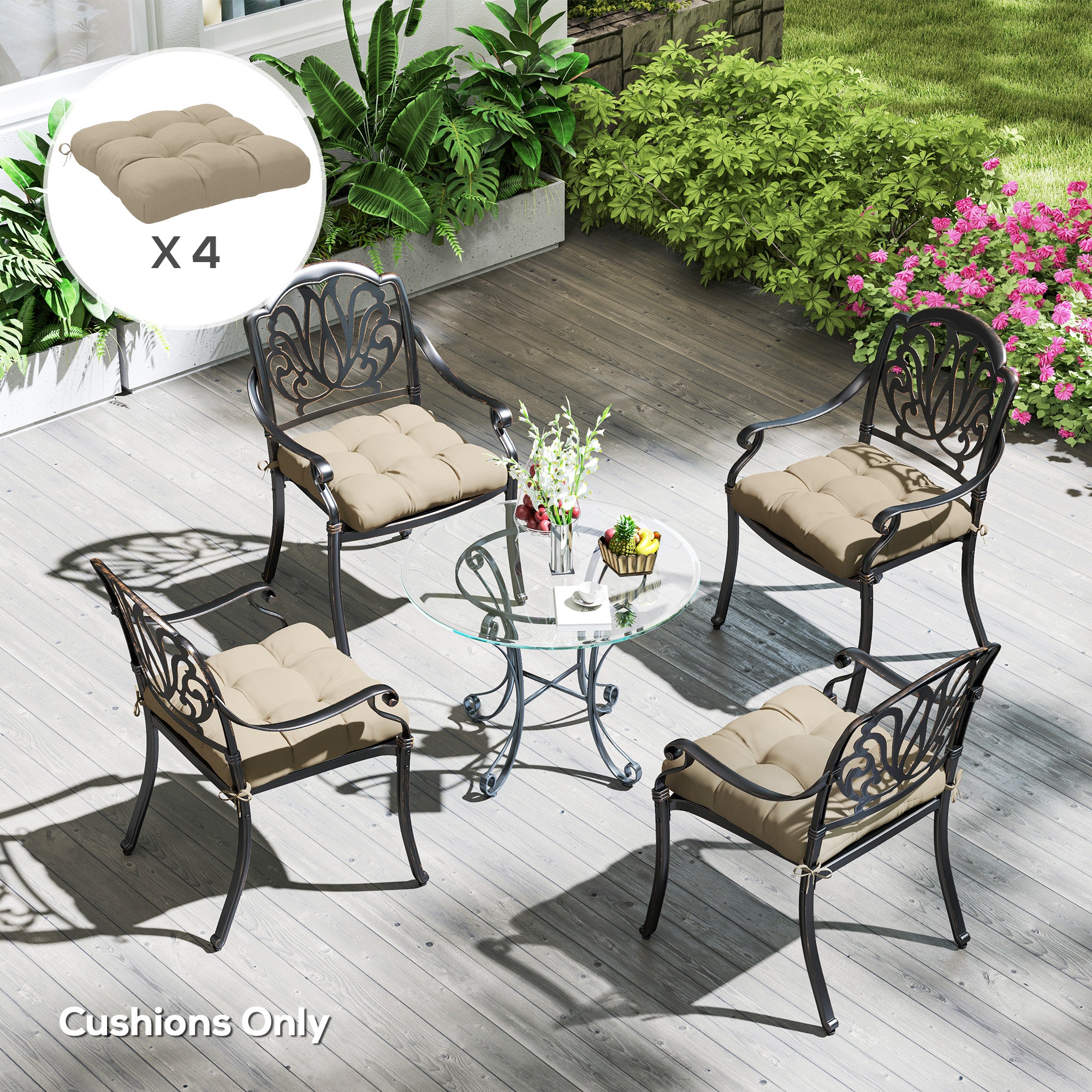 Set of 4 garden chair cushions, Tufted outdoor cushions, 10 cm padding with ties, dim. 48W x 48D cm, Khaki