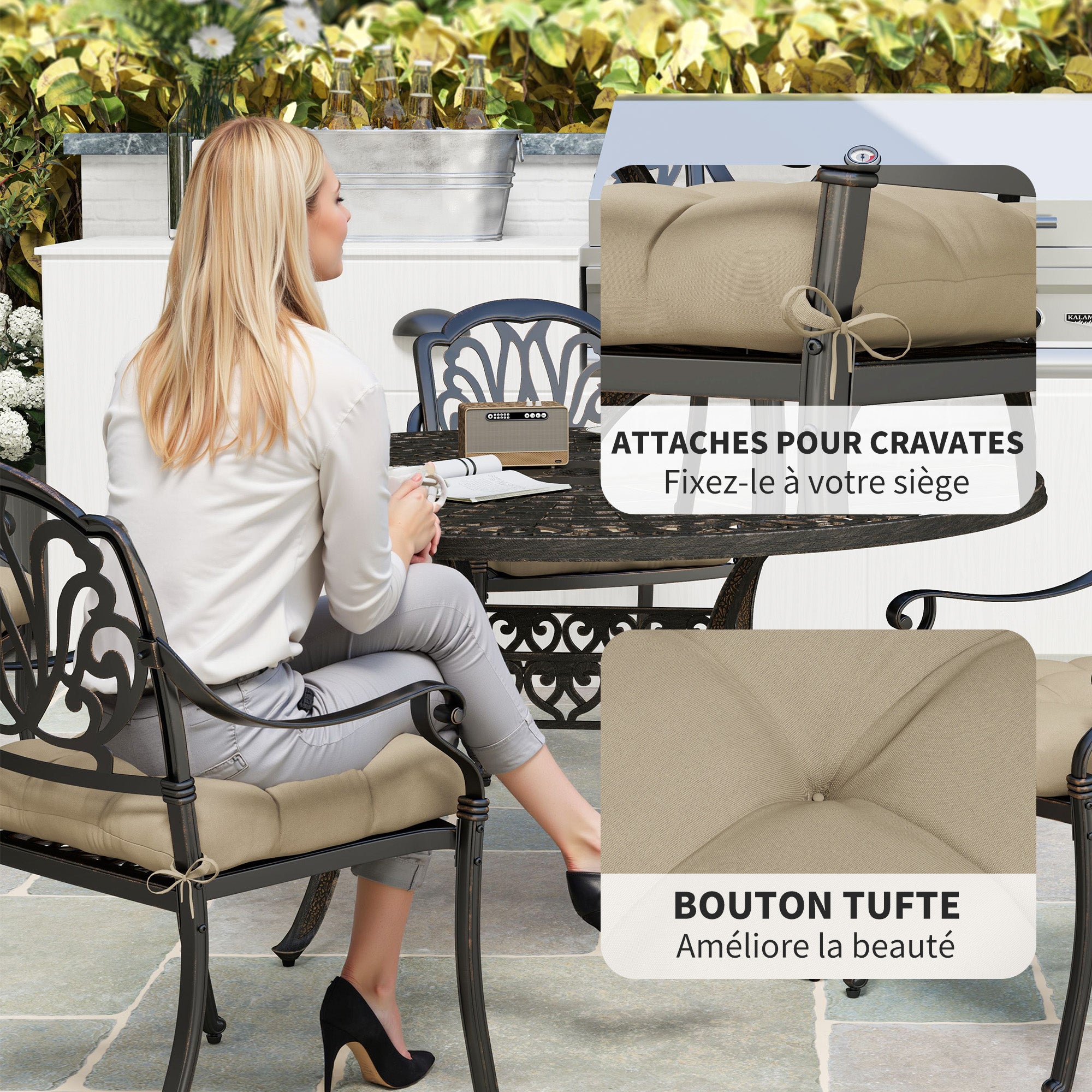 Set of 4 garden chair cushions, Tufted outdoor cushions, 10 cm padding with ties, dim. 48W x 48D cm, Khaki