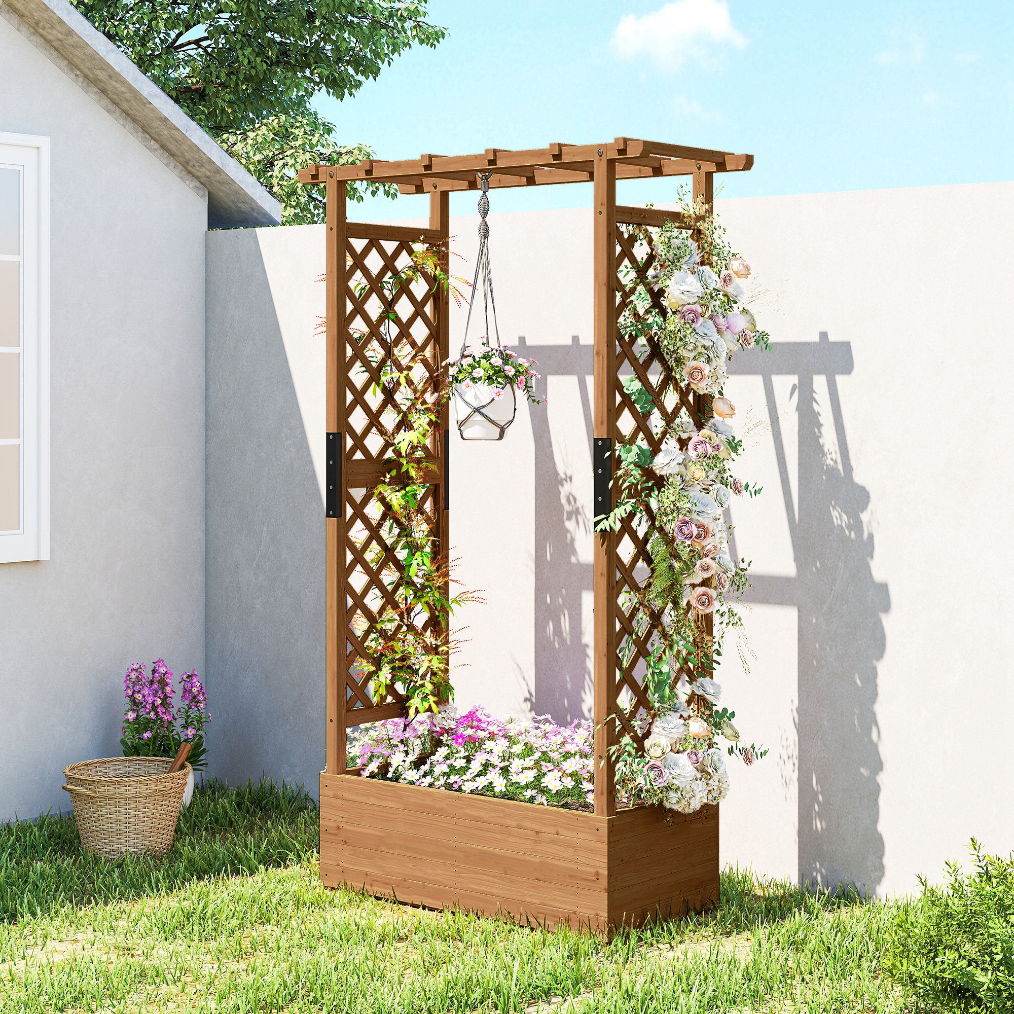 Raised Bed with Trellis & Hanging Roof — Wooden Planter Box with Climbing Support and Drainage Holes, for Garden & Balcony, 110 × 44 × 181 cm (43.3 × 17.3 × 71.3 in)