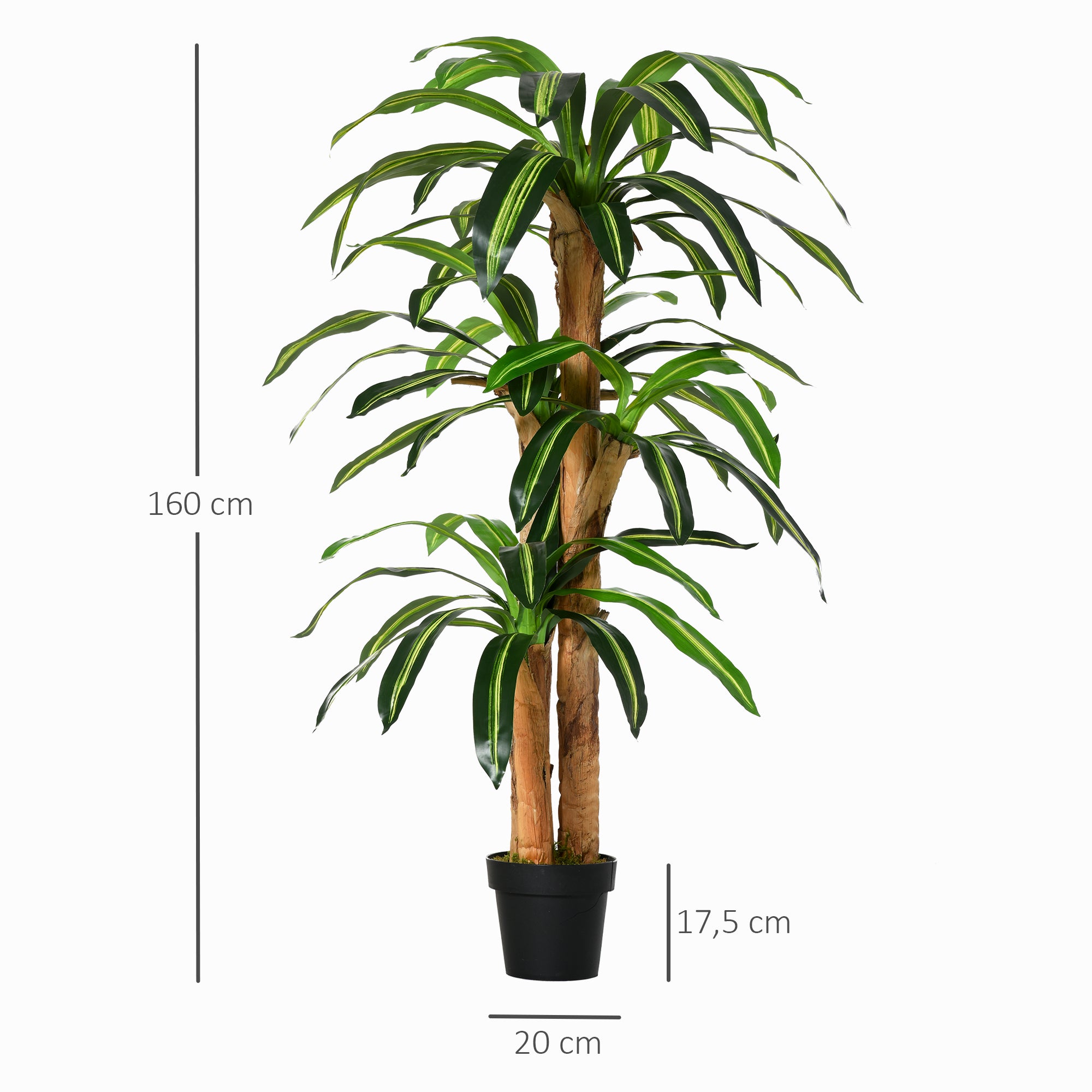 Artificial Dracaena 160 cm with Pot Artificial Plant with 66 Moss Leaves Tropical Tree for Garden Balcony Office Living Room Ø20x160 cm Green
