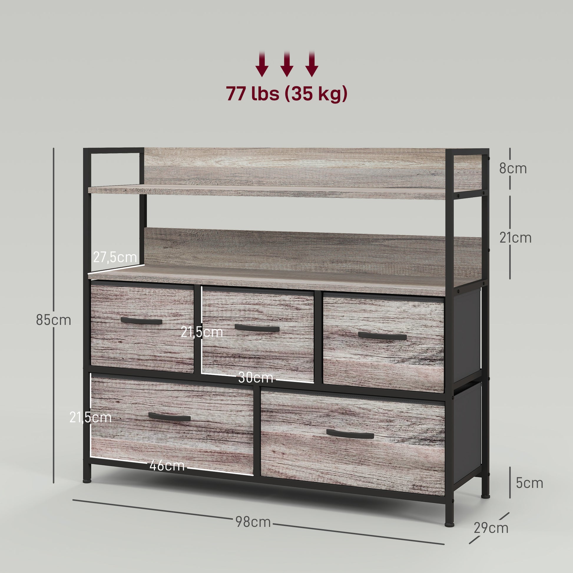 Chest of Drawers with 5 Fabric Drawers, Storage Cabinet, Dresser with 2 Shelves, Steel Frame, Industrial Design for Living Room, Bedroom Grey