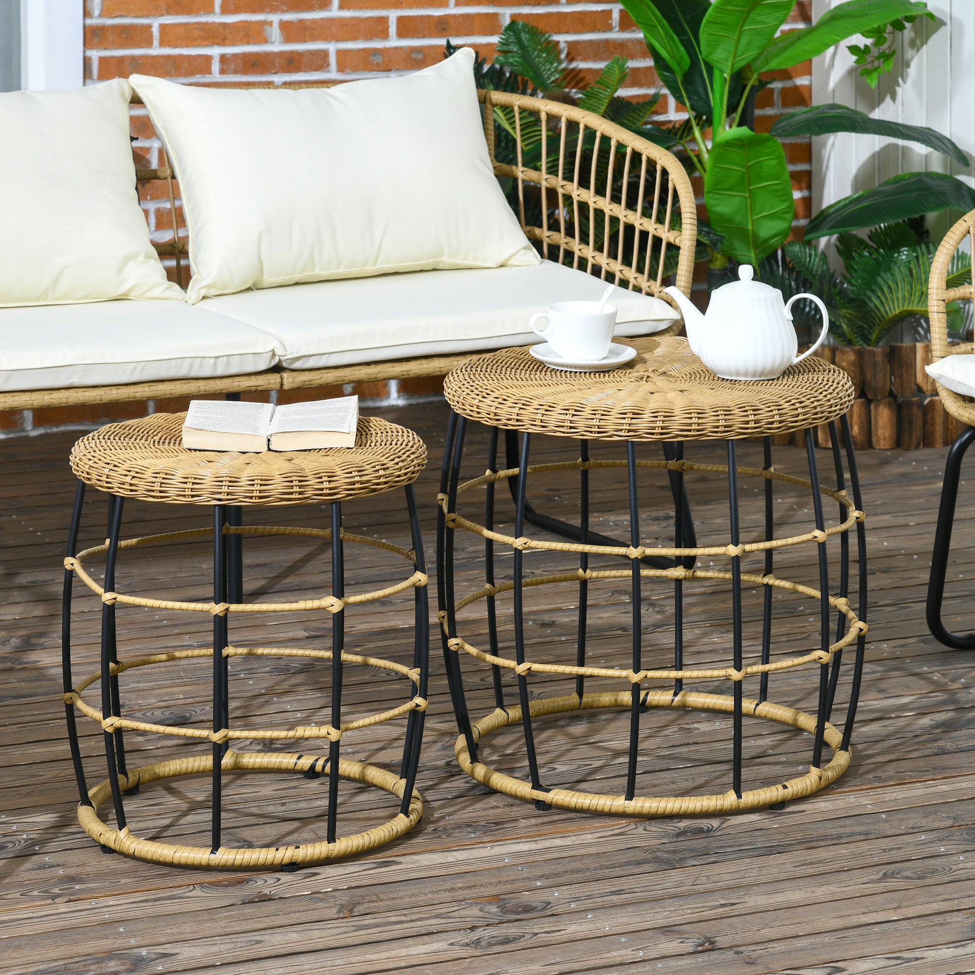 Rattan Side Table 2-Piece Set, Coffee Table, Stackable End Table, Hand-woven Coffee Table for Garden, Balcony, Steel, Khaki