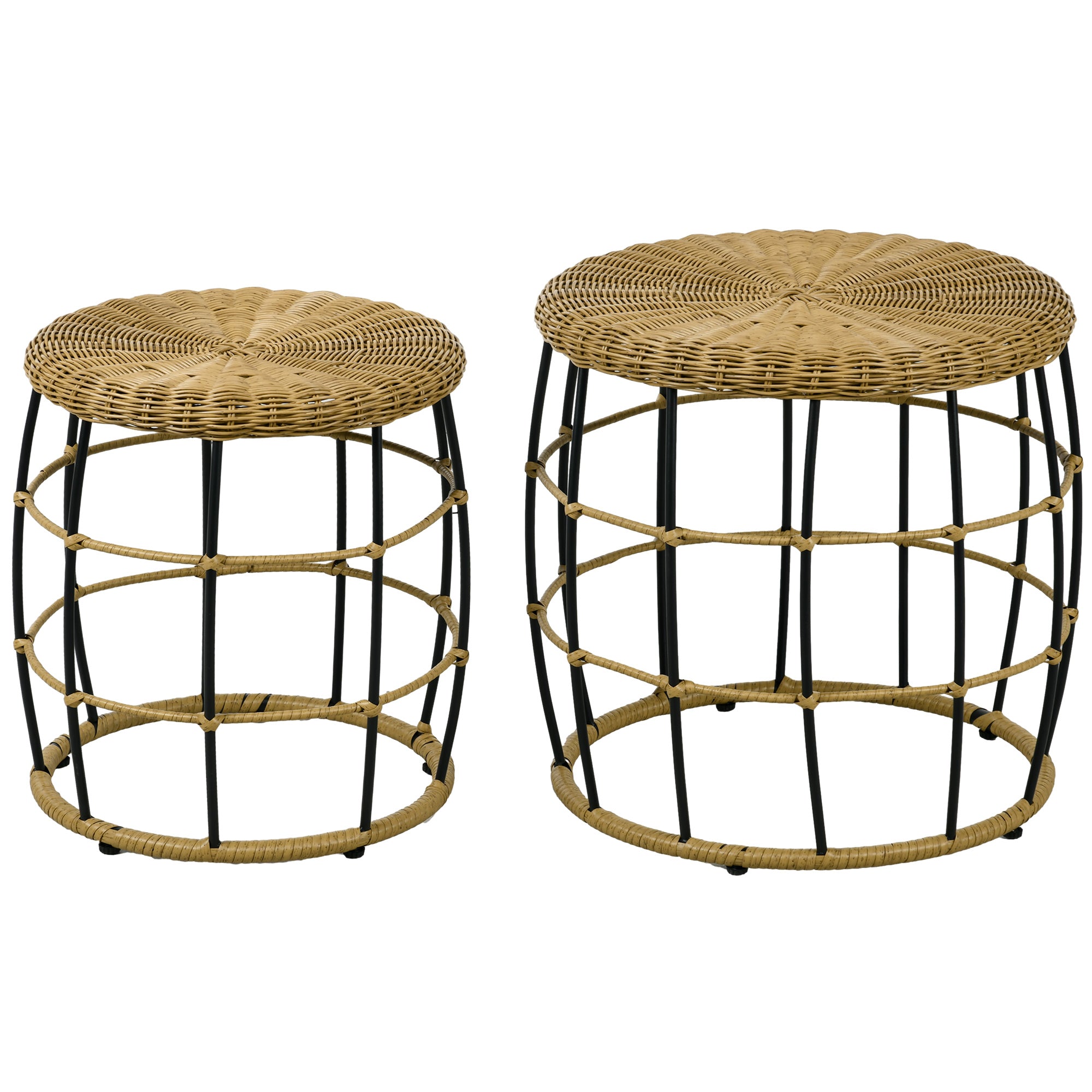 Rattan Side Table 2-Piece Set, Coffee Table, Stackable End Table, Hand-woven Coffee Table for Garden, Balcony, Steel, Khaki