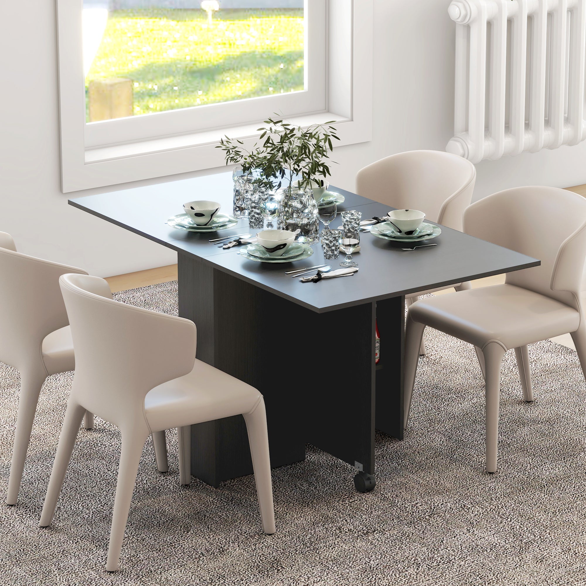 Folding Table with Wheels, Modern Design Dining Table, Space Saving Foldable, Modern Design, with Wheels, Storage Shelves, 140 × 80 × 74cm, Black