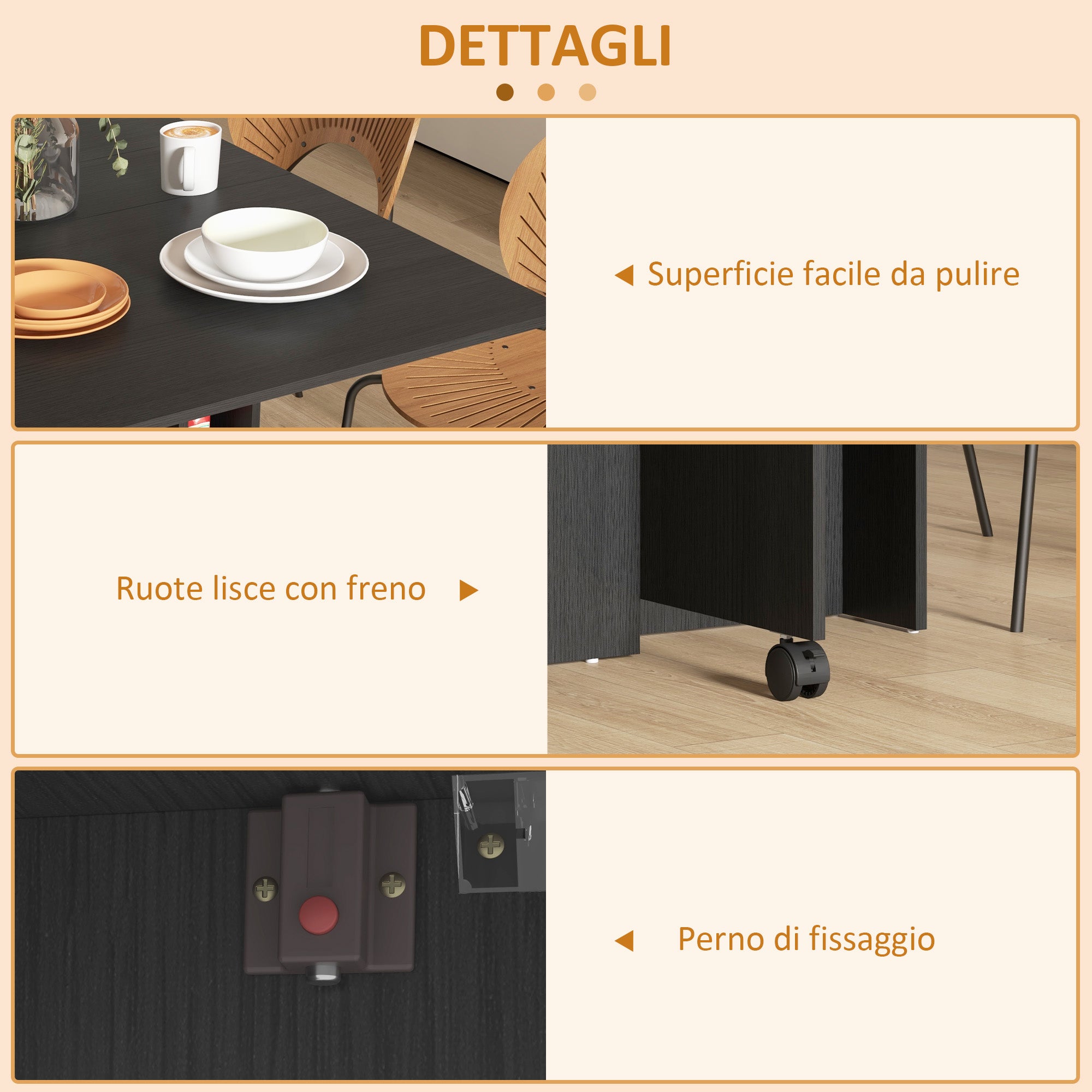 Folding Table with Wheels, Modern Design Dining Table, Space Saving Foldable, Modern Design, with Wheels, Storage Shelves, 140 × 80 × 74cm, Black