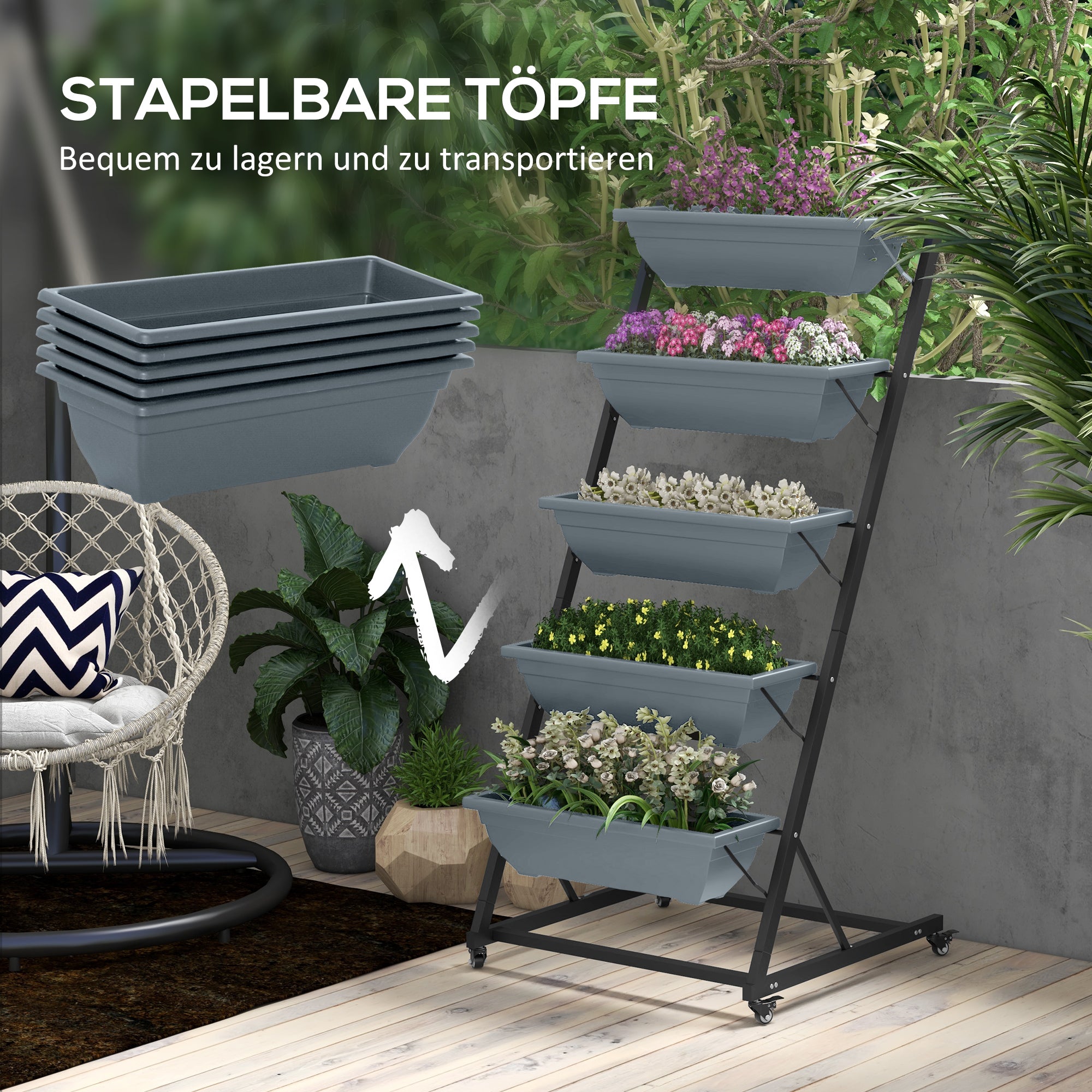 Plant Stand, Flower Stand with 5 Tiers, Plant Rack with Wheels, Flower Shelf with Holes Plant Stand for Garden, Steel, Gray, 65 x 67 x 145 cm