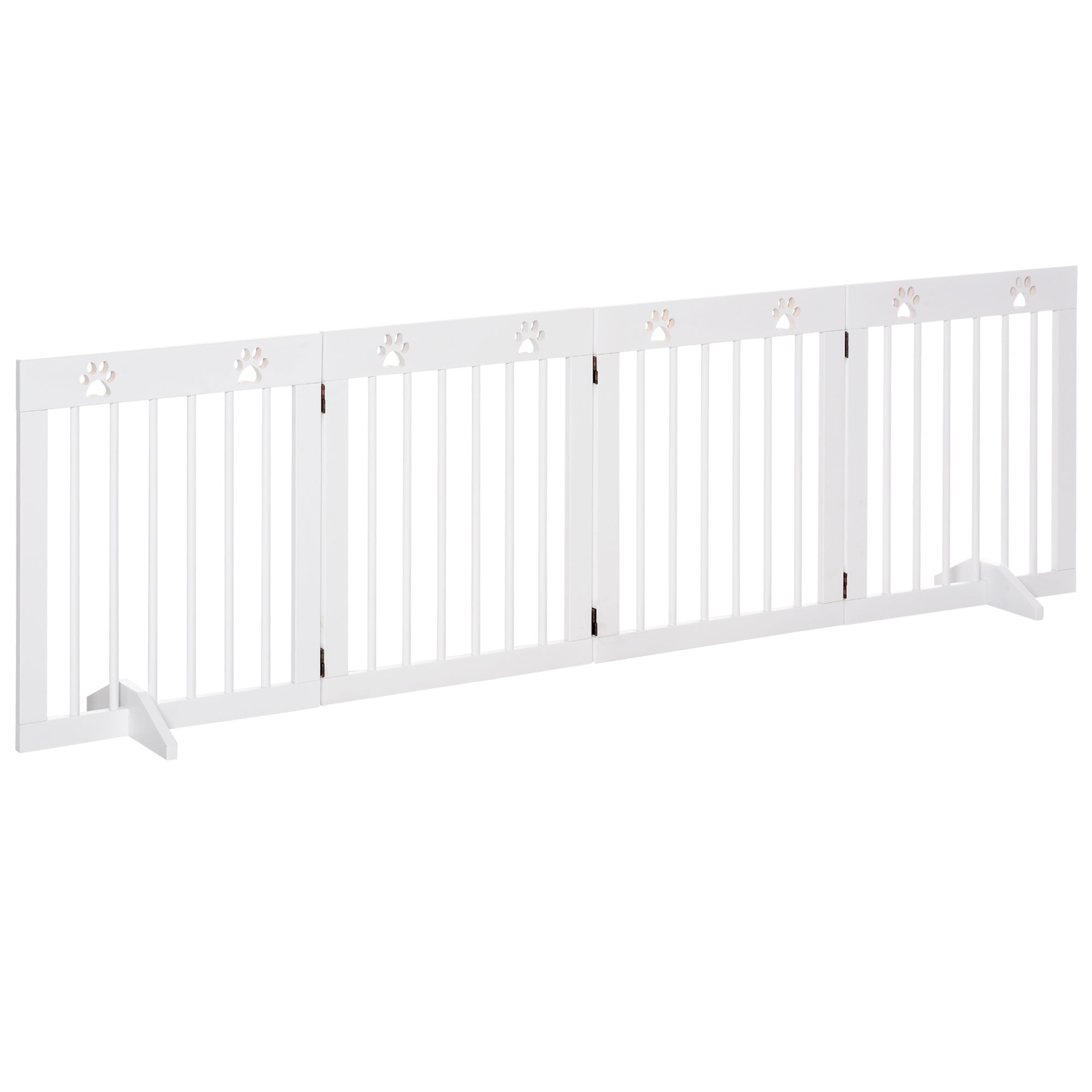 Foldable 4 Panel Dog Barrier 204x61 cm Safety Barrier for Dogs with Wood Structure and Support Legs for Hallway Stairs White