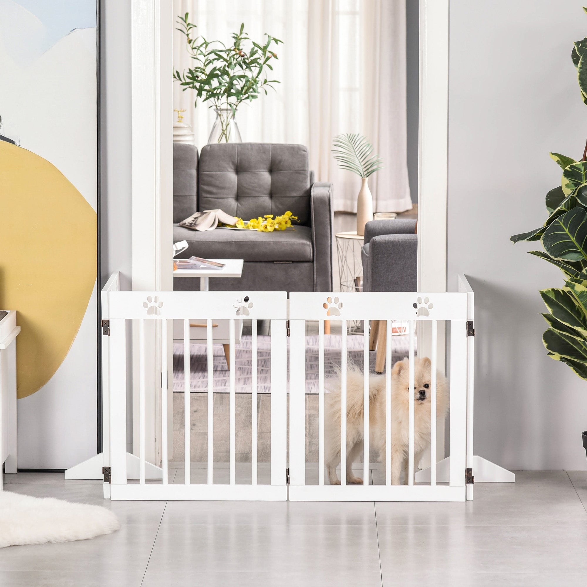 Foldable 4 Panel Dog Barrier 204x61 cm Safety Barrier for Dogs with Wood Structure and Support Legs for Hallway Stairs White