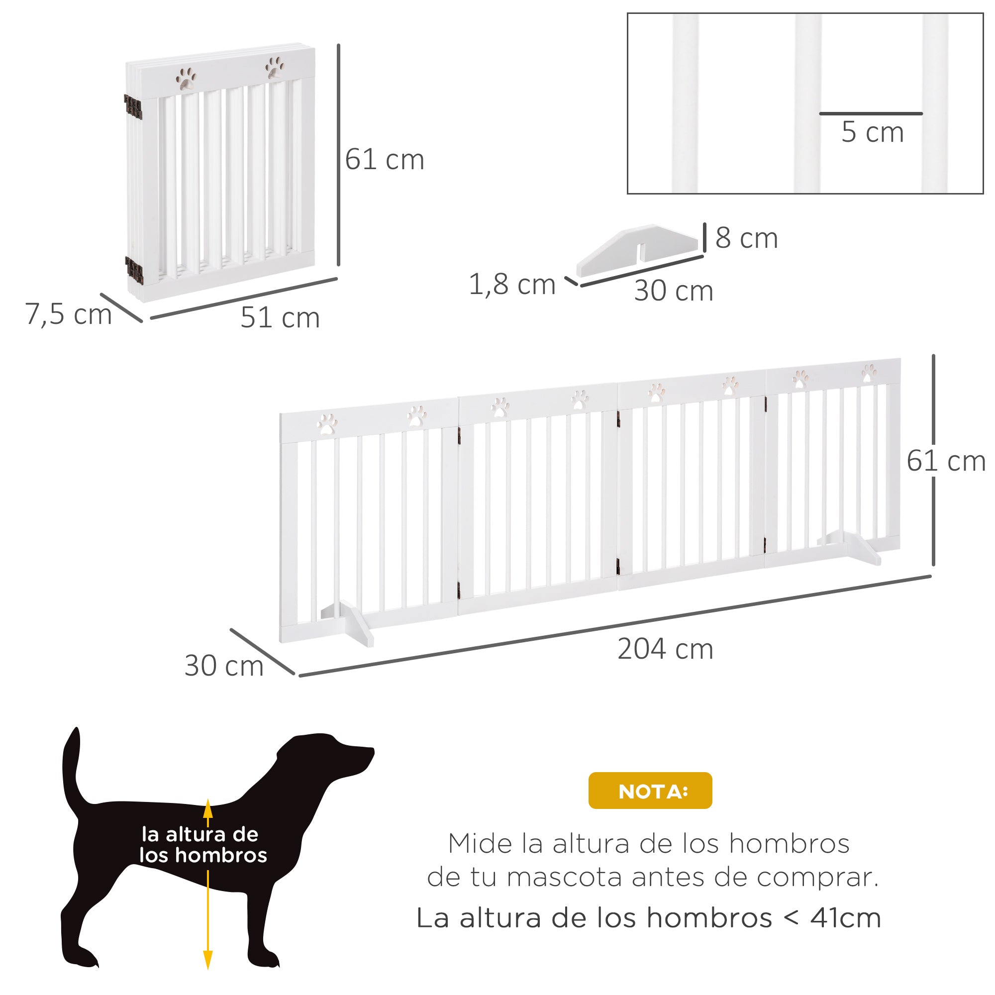 Foldable 4 Panel Dog Barrier 204x61 cm Safety Barrier for Dogs with Wood Structure and Support Legs for Hallway Stairs White