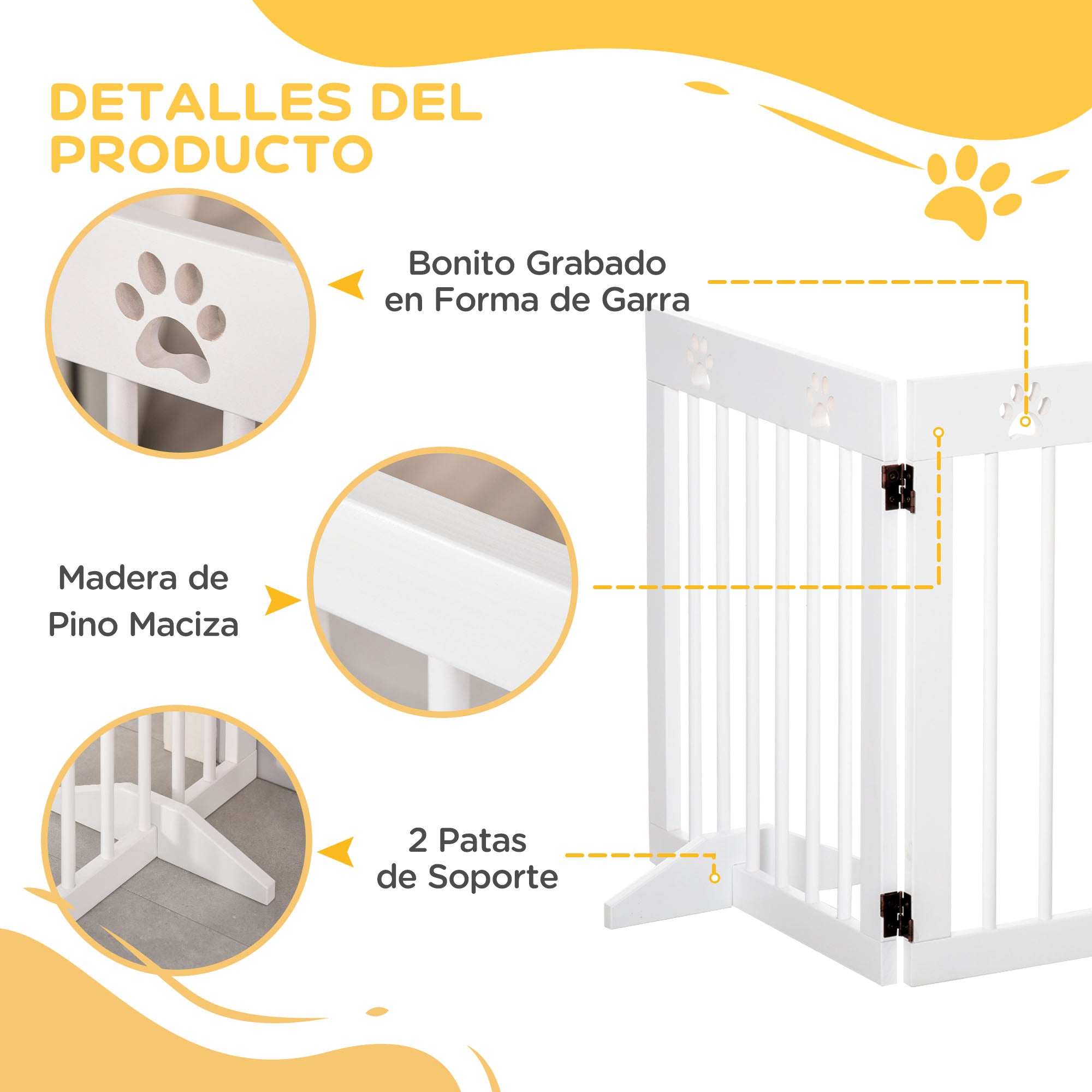 Foldable 4 Panel Dog Barrier 204x61 cm Safety Barrier for Dogs with Wood Structure and Support Legs for Hallway Stairs White