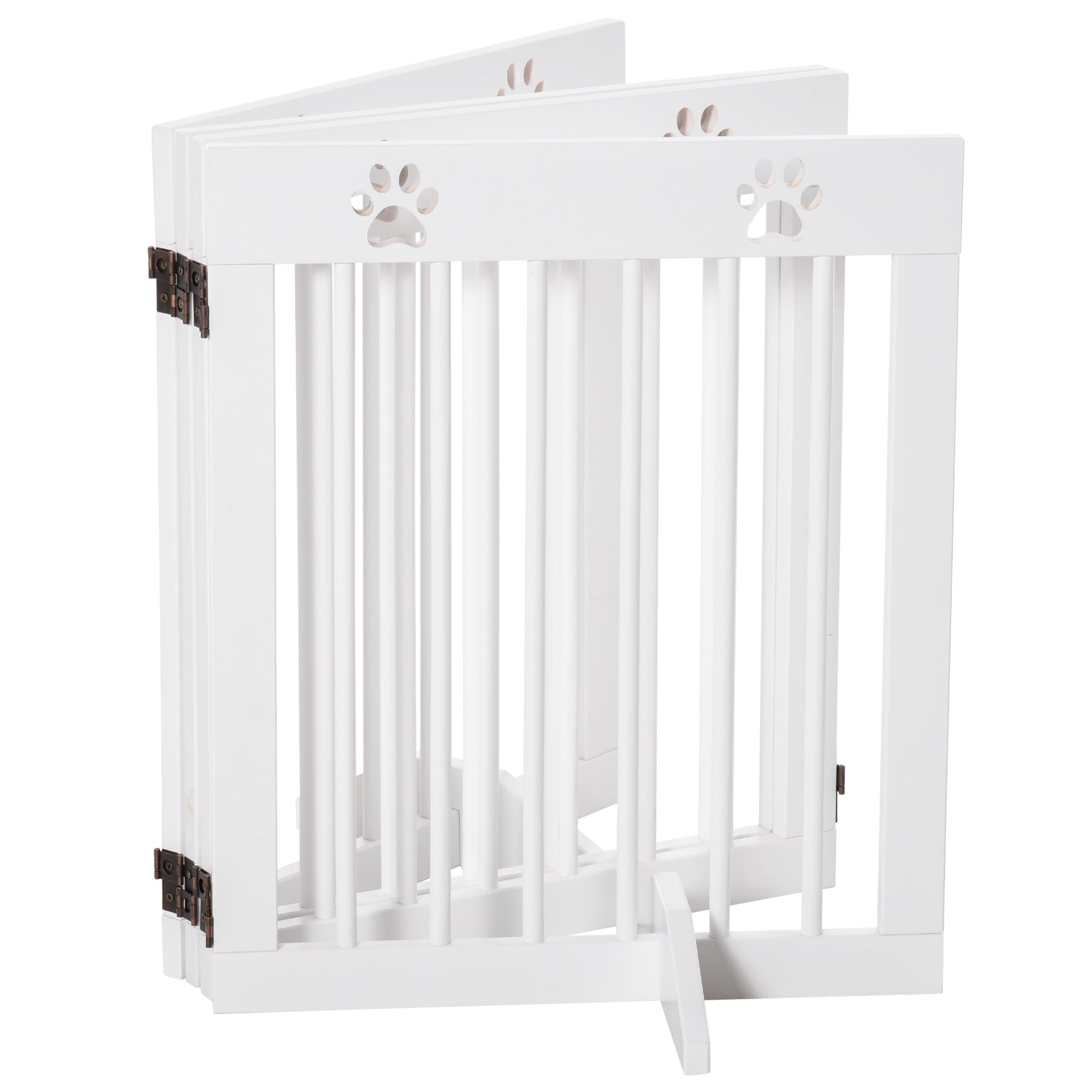 Foldable 4 Panel Dog Barrier 204x61 cm Safety Barrier for Dogs with Wood Structure and Support Legs for Hallway Stairs White