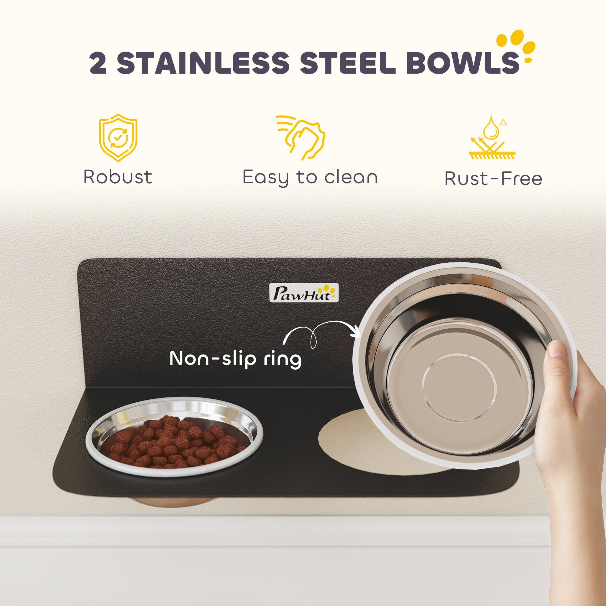 Wall-Mounted Adjustable Dog Feeder — 2 x 27 fl oz Stainless Steel Bowls, Black