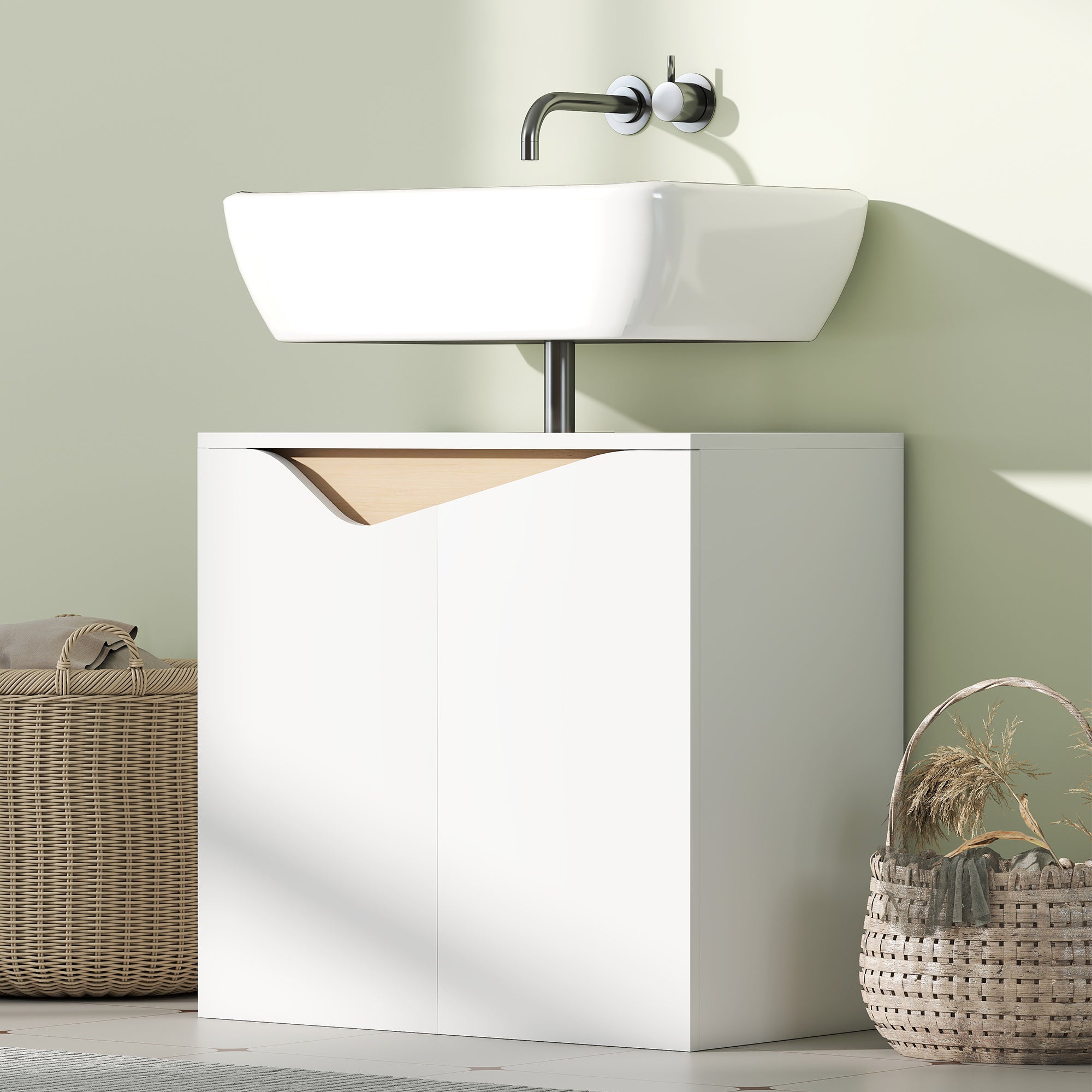Under-Sink Bathroom Cabinet, 2 Soft-Close Doors, Modern Style, 23.6 x 13.8 x 22.8 in, White & Natural Wood
