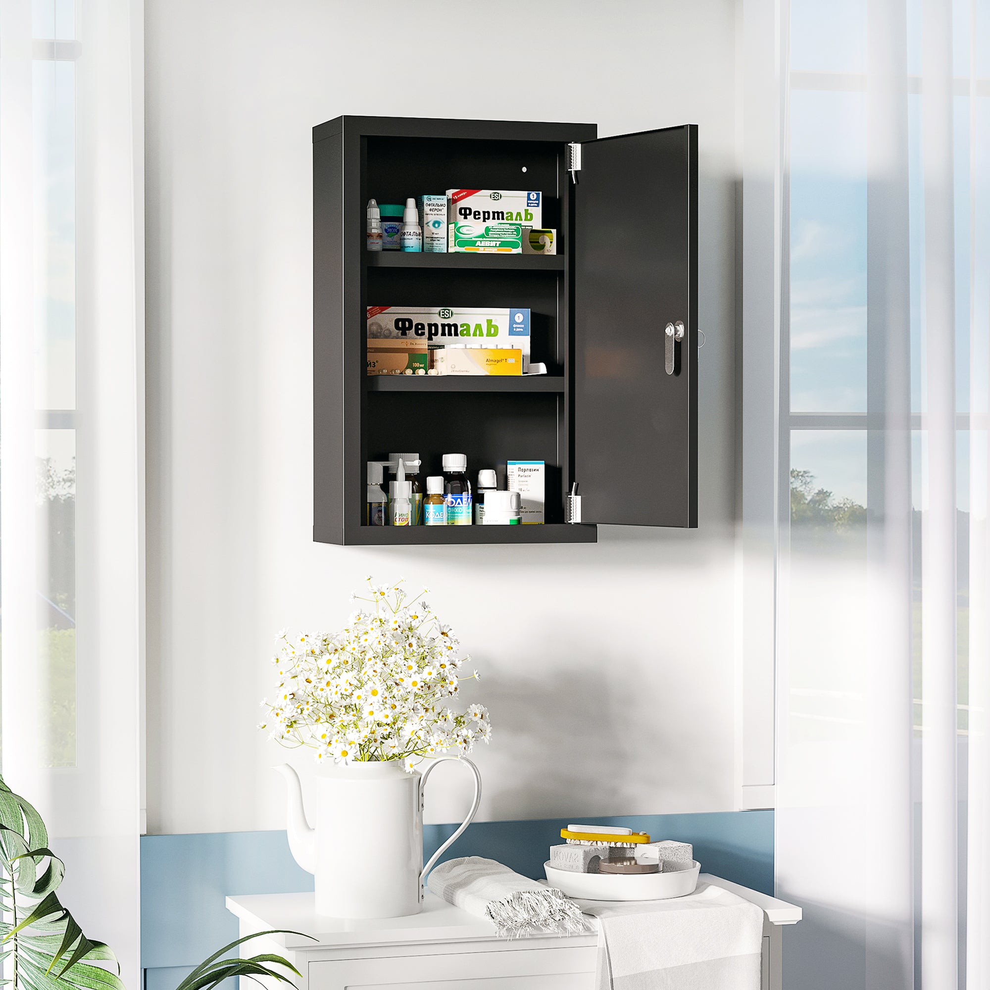 Wall-mounted Medicine Cabinet with 2 Shelves and 2 Security Keys, Home Steel Medicine Cabinet, 30x14x46 cm, Black