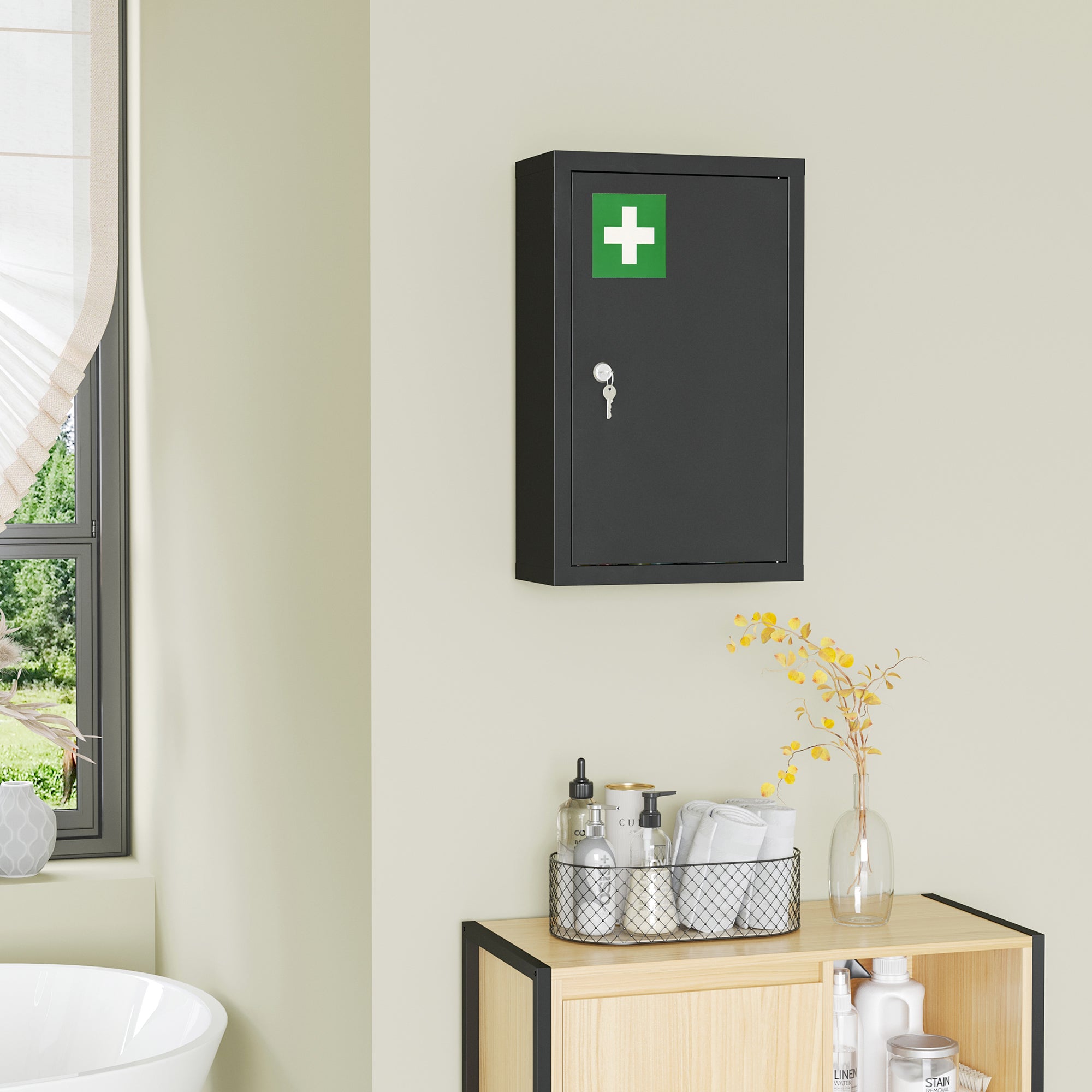 Wall-mounted Medicine Cabinet with 2 Shelves and 2 Security Keys, Home Steel Medicine Cabinet, 30x14x46 cm, Black