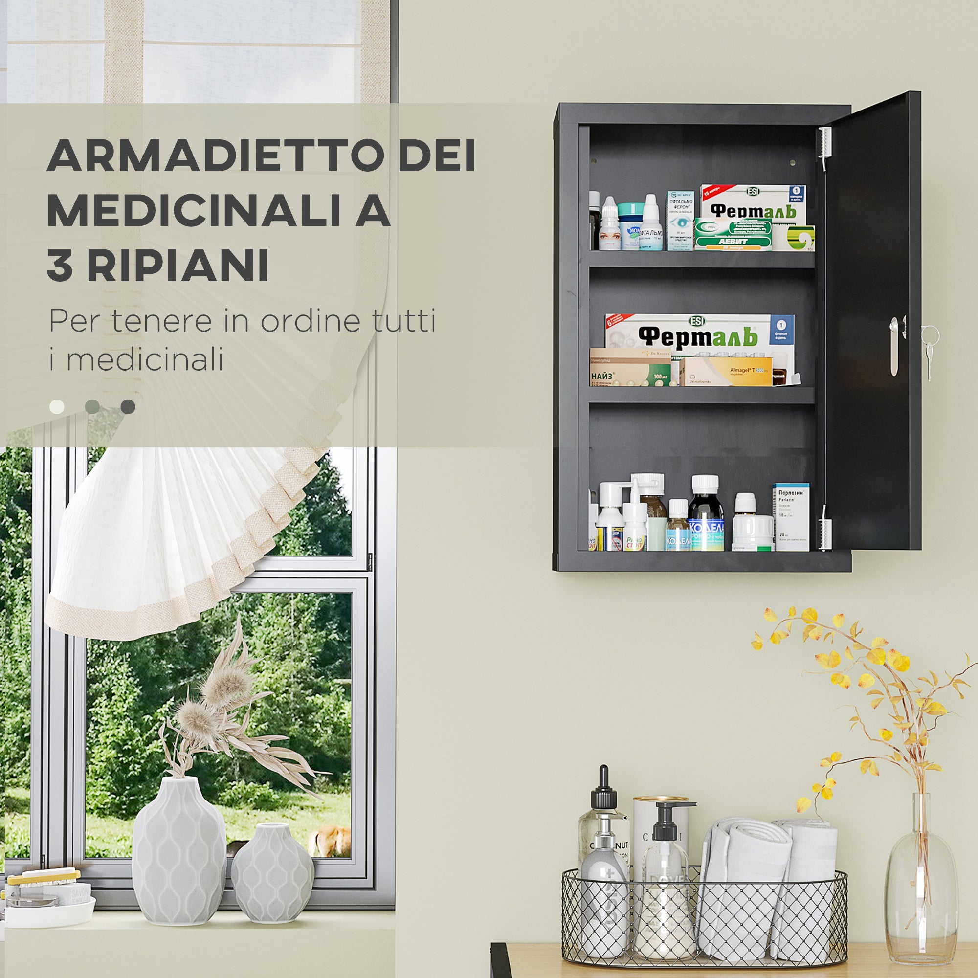 Wall-mounted Medicine Cabinet with 2 Shelves and 2 Security Keys, Home Steel Medicine Cabinet, 30x14x46 cm, Black