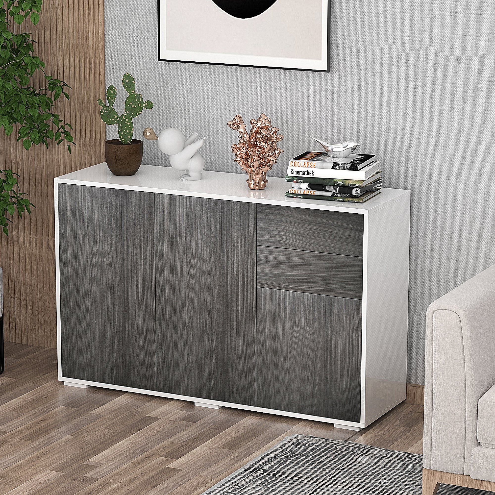 Multi-Purpose Cabinet for Living Room, Kitchen, Office, 2 Drawers and 2 Cabinets with Push-to-Open, Gray
