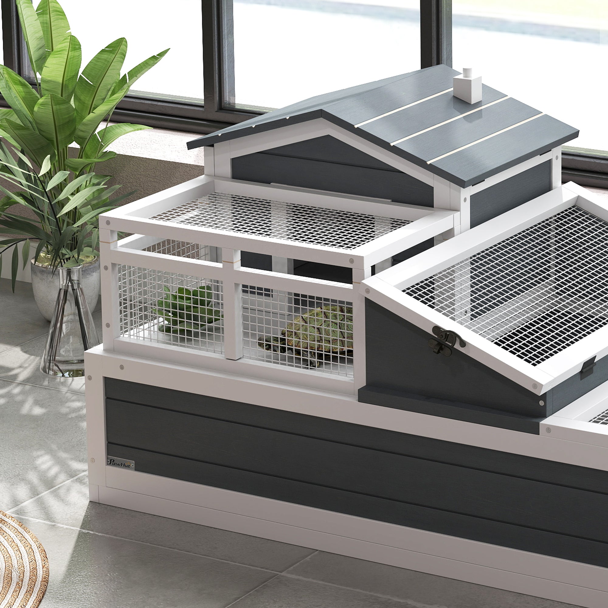 Wooden Turtle House — 2-Level Turtle Enclosure with Balcony, Hinged Roof & Pull-Out Tray, Outdoor Reptile Habitat, Gray