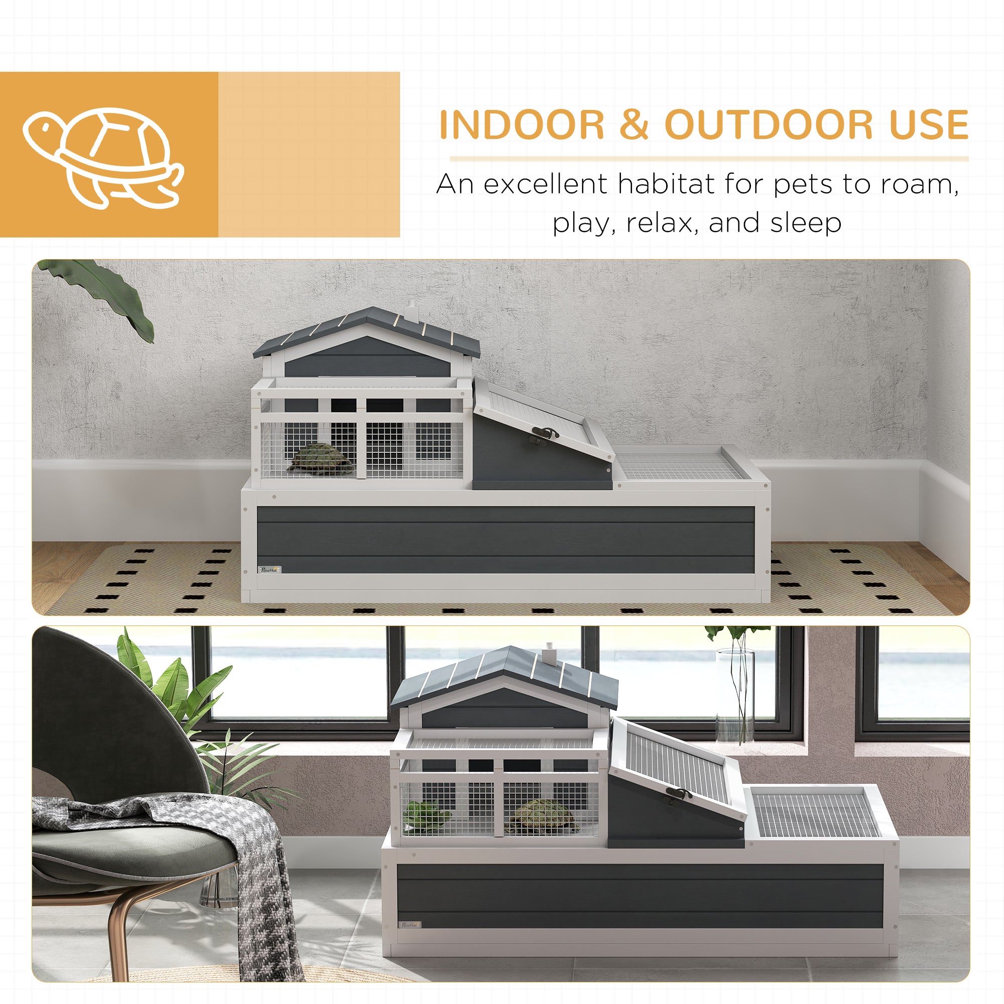Wooden Turtle House — 2-Level Turtle Enclosure with Balcony, Hinged Roof & Pull-Out Tray, Outdoor Reptile Habitat, Gray
