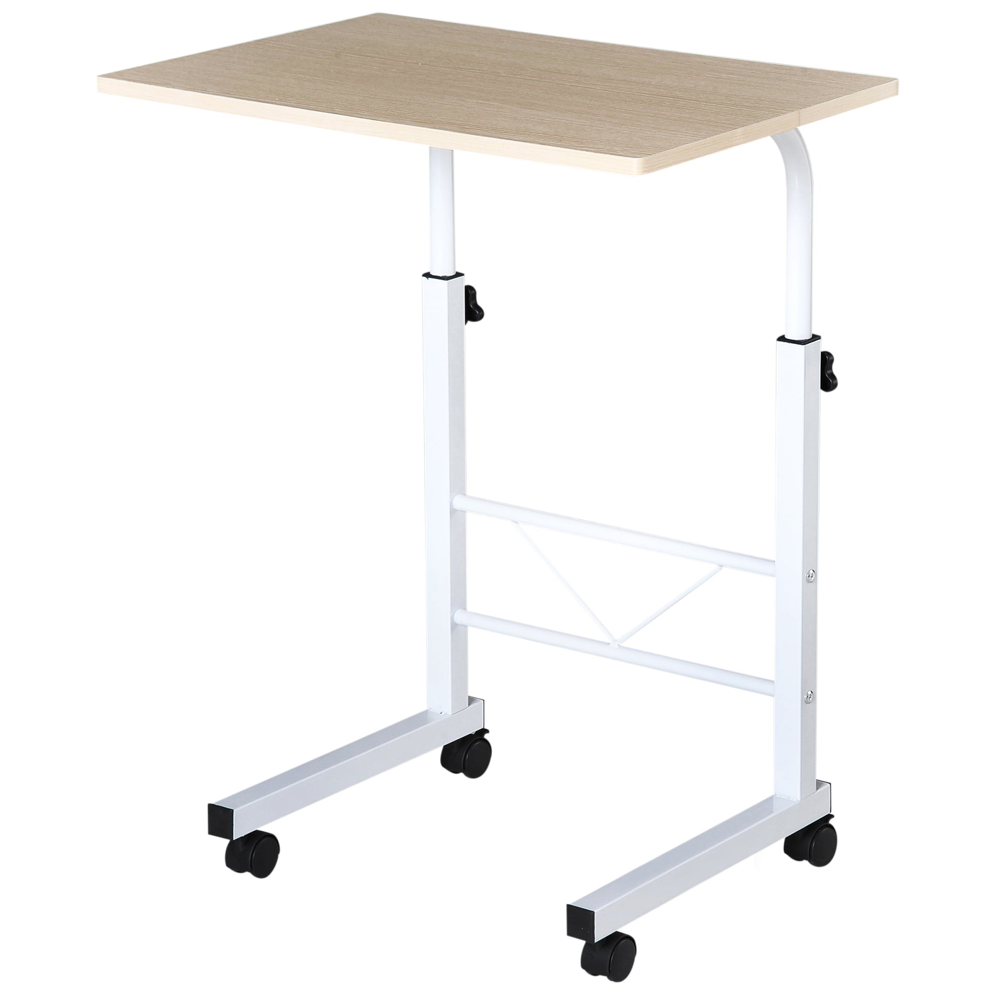 Side Table Height Adjustable Coffee Table Mobile End Desk with Wheels Locking Brakes C Tables Chipboard Steel Iron Plastic White Maple 60 x 40 x 68-78 cm