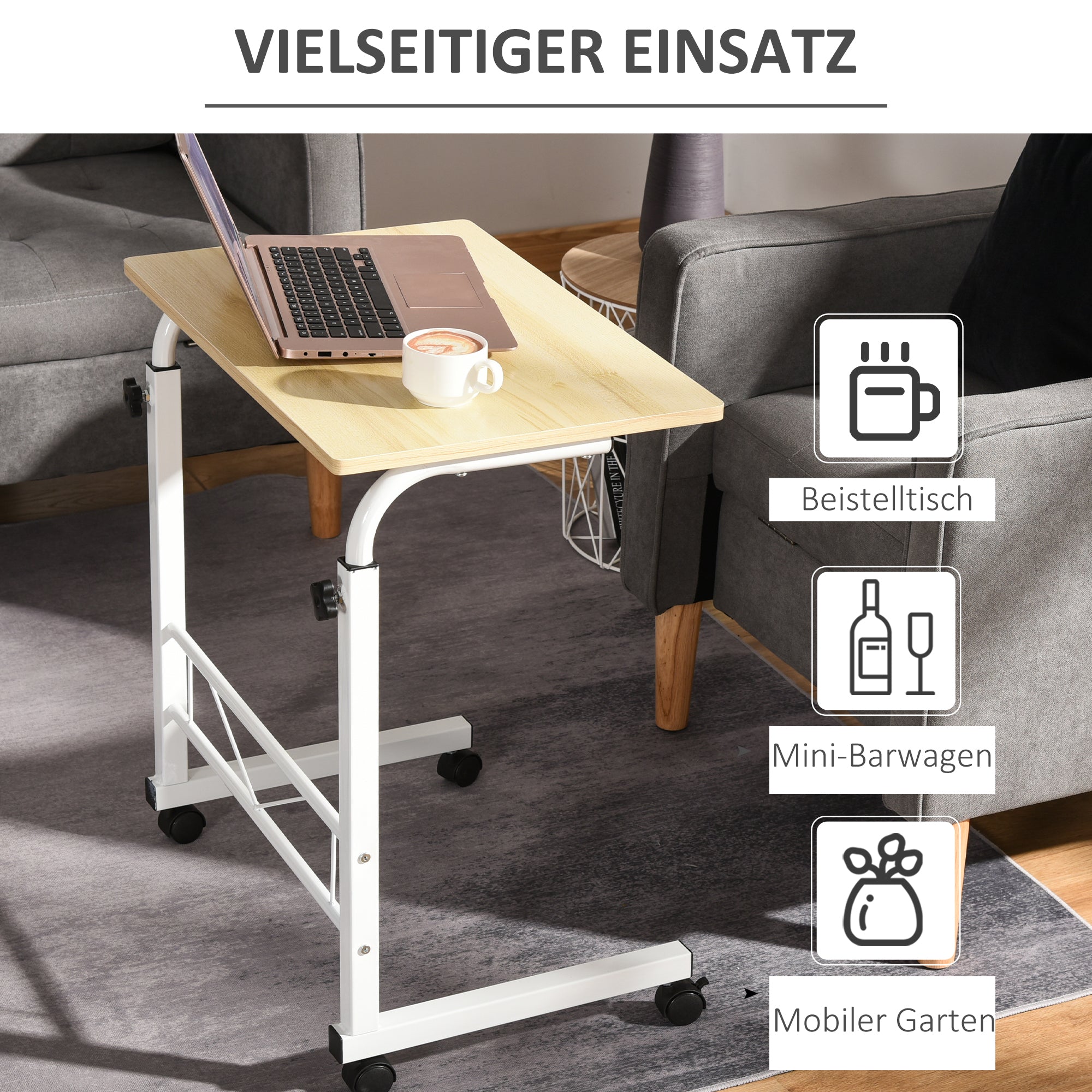 Side Table Height Adjustable Coffee Table Mobile End Desk with Wheels Locking Brakes C Tables Chipboard Steel Iron Plastic White Maple 60 x 40 x 68-78 cm