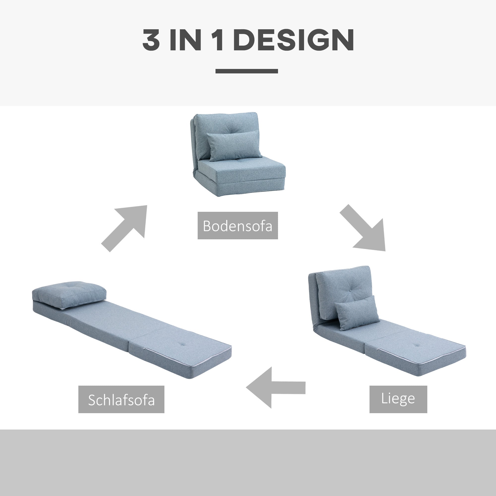 Floor Chair 2-in-1 Folding Bed with Adjustable Backrest Floor Sofa with Decorative Cushions, Floor Seat Cushion for Living Room, Bedroom, Linen, Sky Blue