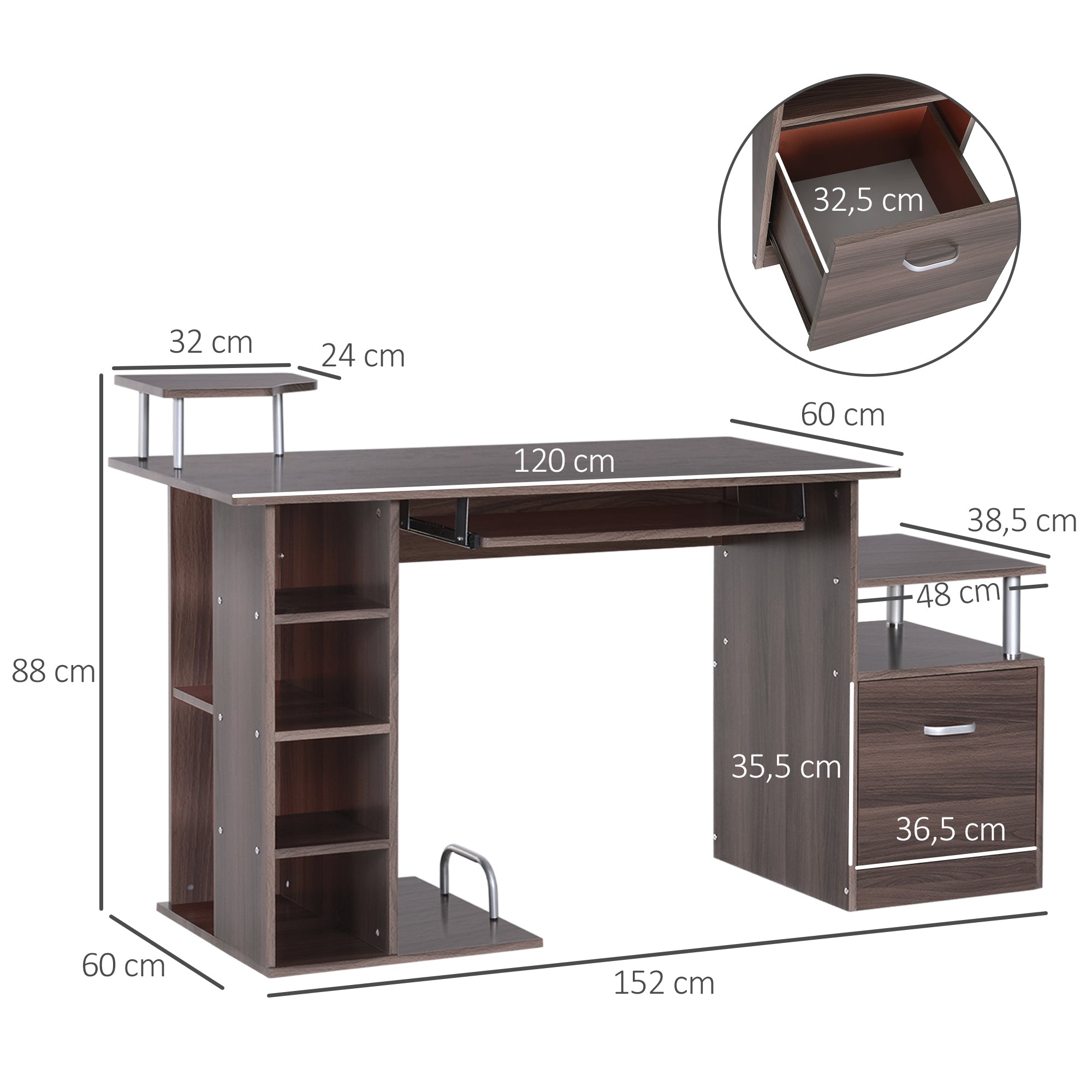 Computer Desk 120 cm Writing Desk with Multiple Shelves Drawer Keyboard Tray Monitor Printer CPU Stands 152x60x88 cm Brown