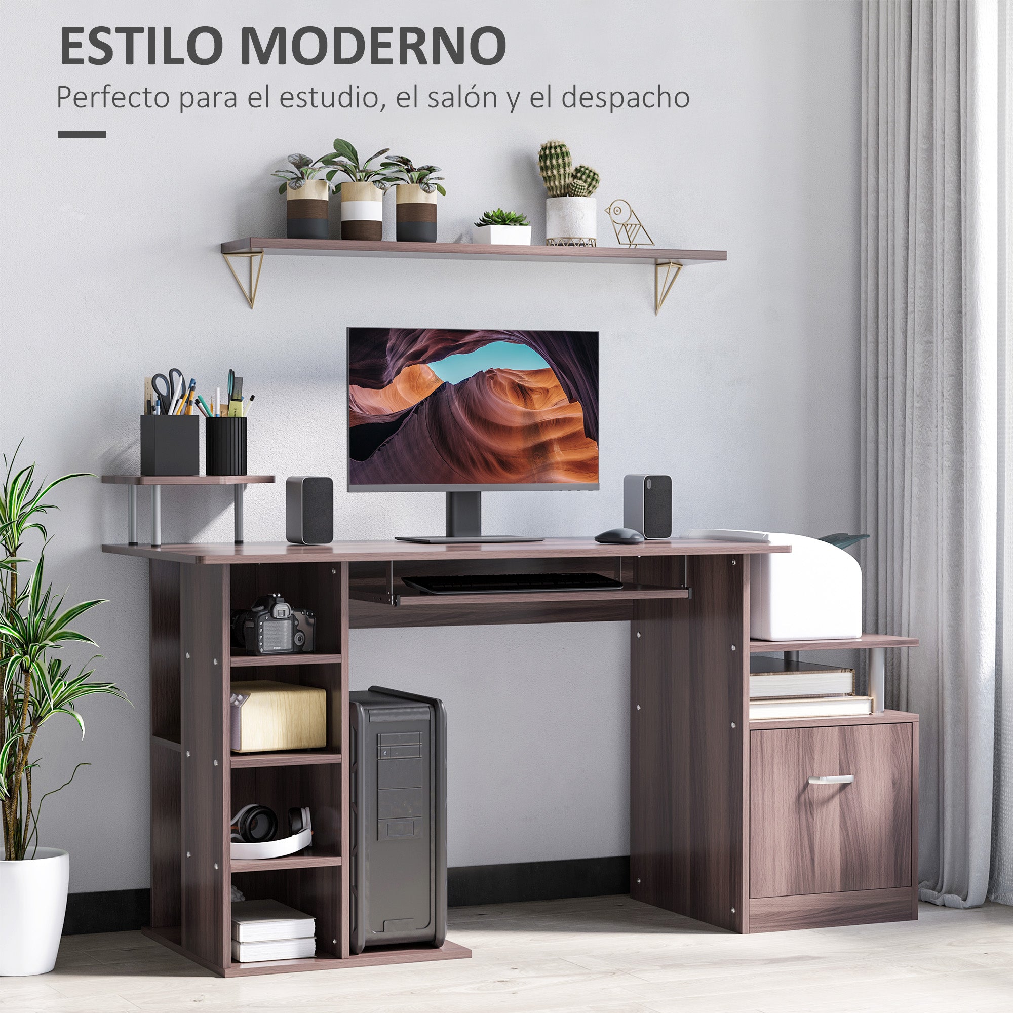 Computer Desk 120 cm Writing Desk with Multiple Shelves Drawer Keyboard Tray Monitor Printer CPU Stands 152x60x88 cm Brown