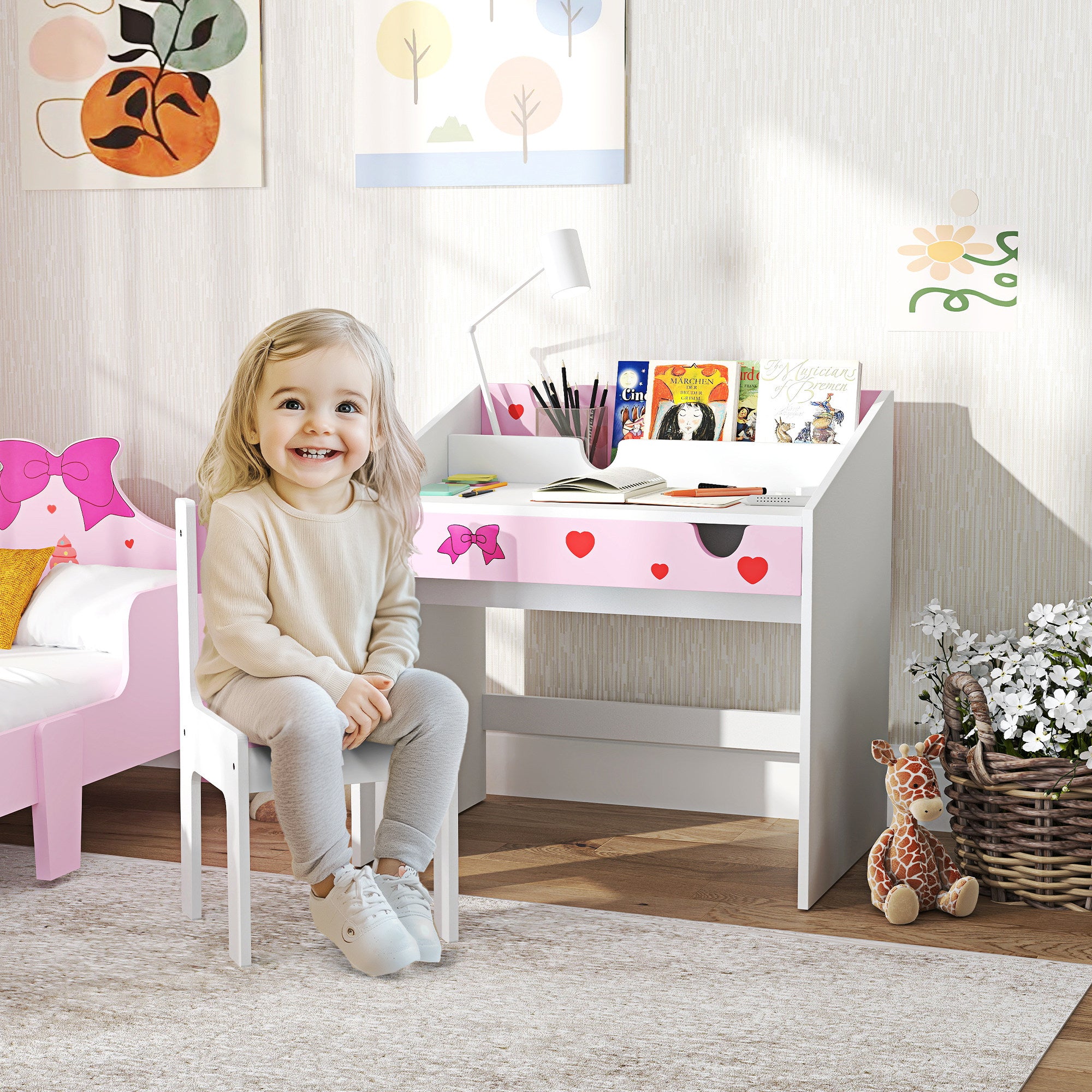 Kids Desk and Chair Set for +3 Years Old Children Children's Desk with Removable Drawer and Compartment for Bedroom Study Room Pink and White