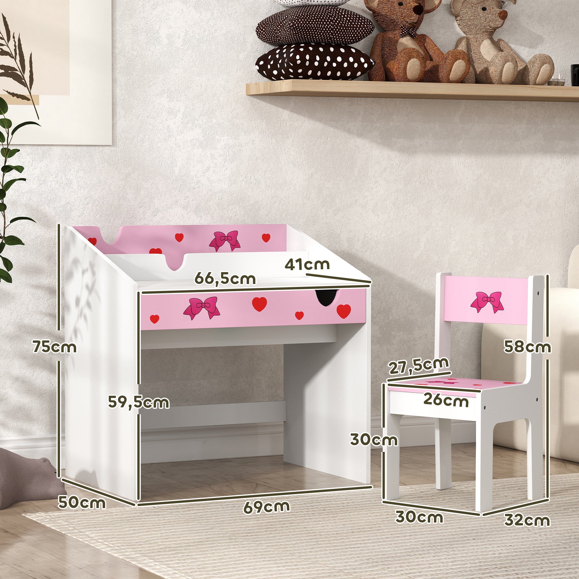 Kids Desk and Chair Set for +3 Years Old Children Children's Desk with Removable Drawer and Compartment for Bedroom Study Room Pink and White