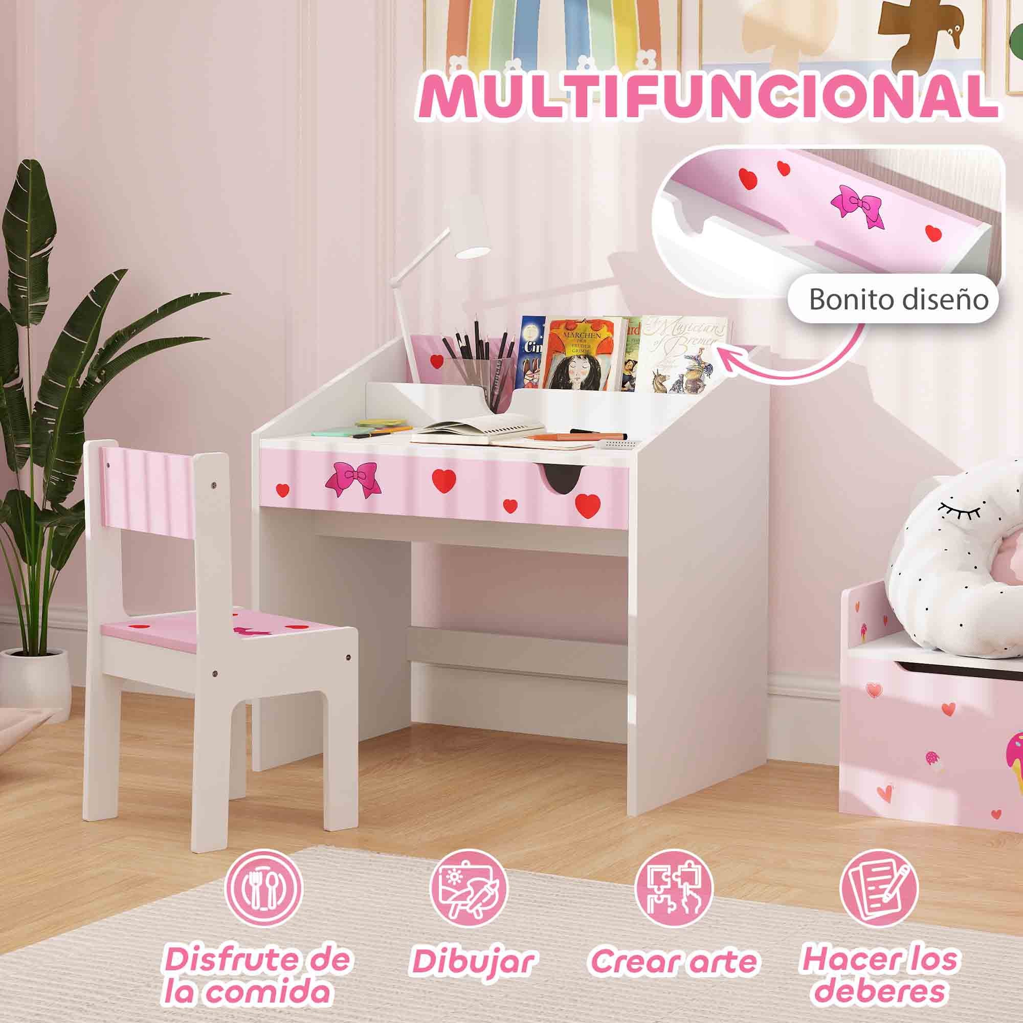 Kids Desk and Chair Set for +3 Years Old Children Children's Desk with Removable Drawer and Compartment for Bedroom Study Room Pink and White