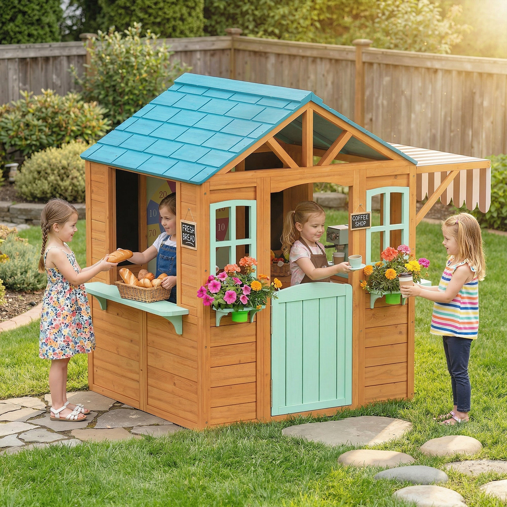 Wooden Outdoor Playhouse with Market Counter, Planters & Chalkboard – Multicolor, for Ages 3–6, 142 x 120 x 141.5 cm