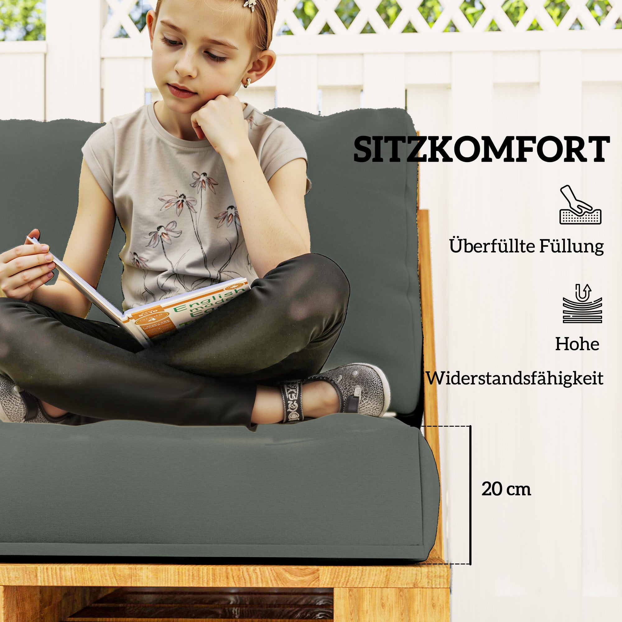 Pallet Cushion 2-Piece Set Removable Seat Cushion Pallet Pads with Backrest Outdoor Cushions Pallet Covers for Euro Pallets Pallet Sofa Pallet Furniture 120 x 80 x 20 cm Dark Grey