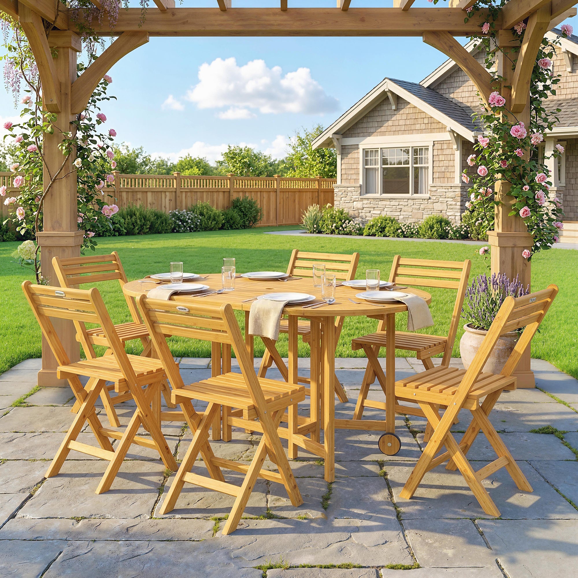 7-Piece FSC Acacia Outdoor Dining Set — Extendable Table & 6 Folding Chairs, Weather-Resistant, Natural Finish, Umbrella Hole