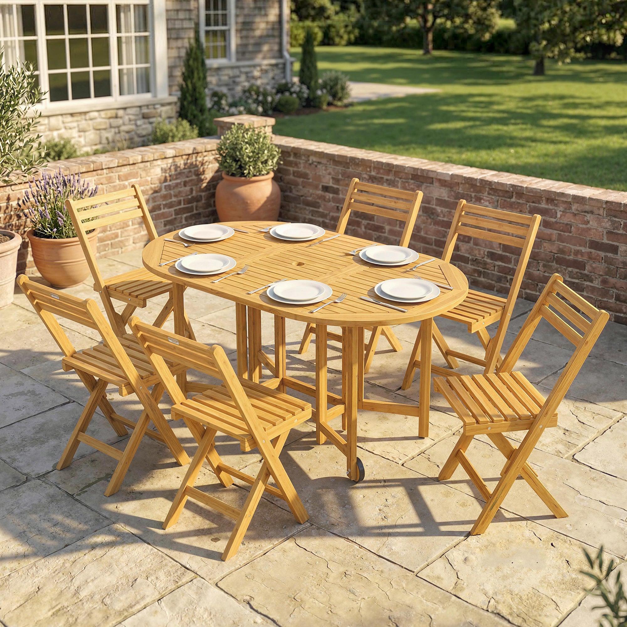 7-Piece FSC Acacia Outdoor Dining Set — Extendable Table & 6 Folding Chairs, Weather-Resistant, Natural Finish, Umbrella Hole
