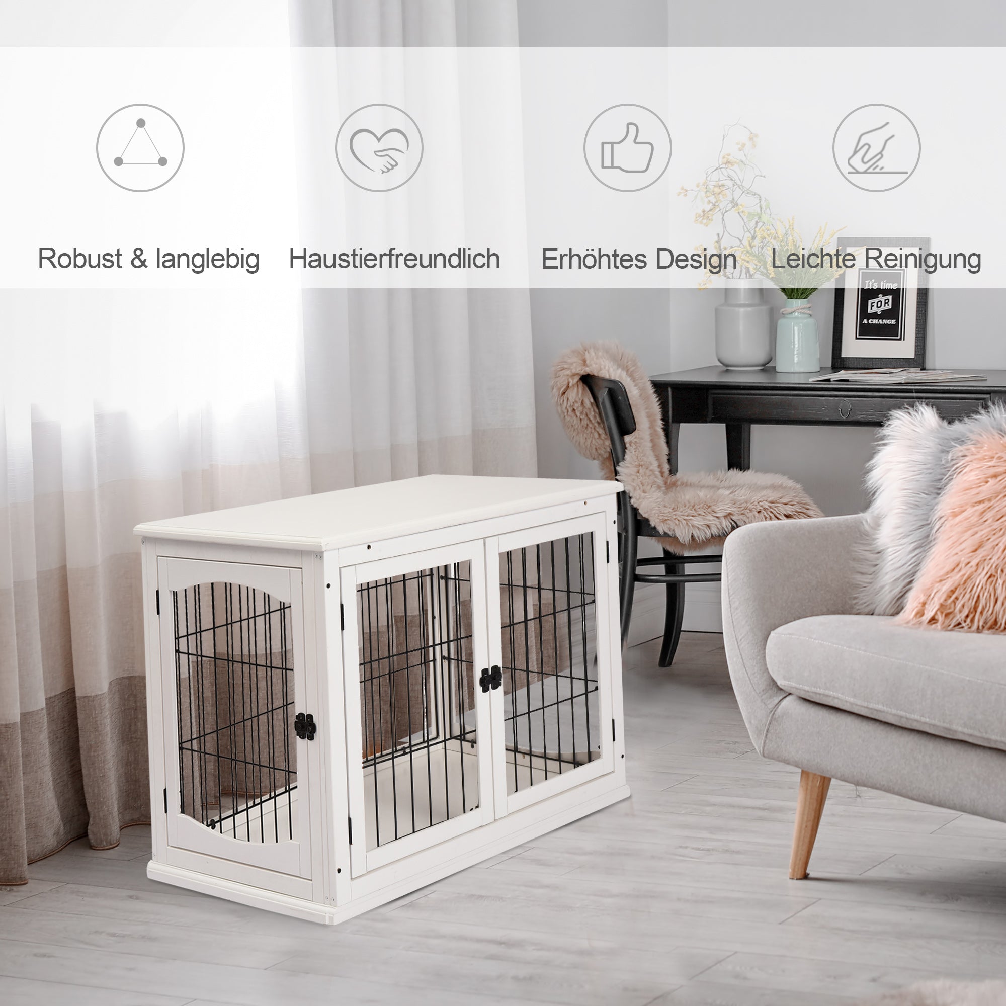 Dog Cage for Home, Dog House with 2 Entrances, Lockable Dog Box, Dog House for Small Dogs, White, 58.5 x 81 x 66 cm